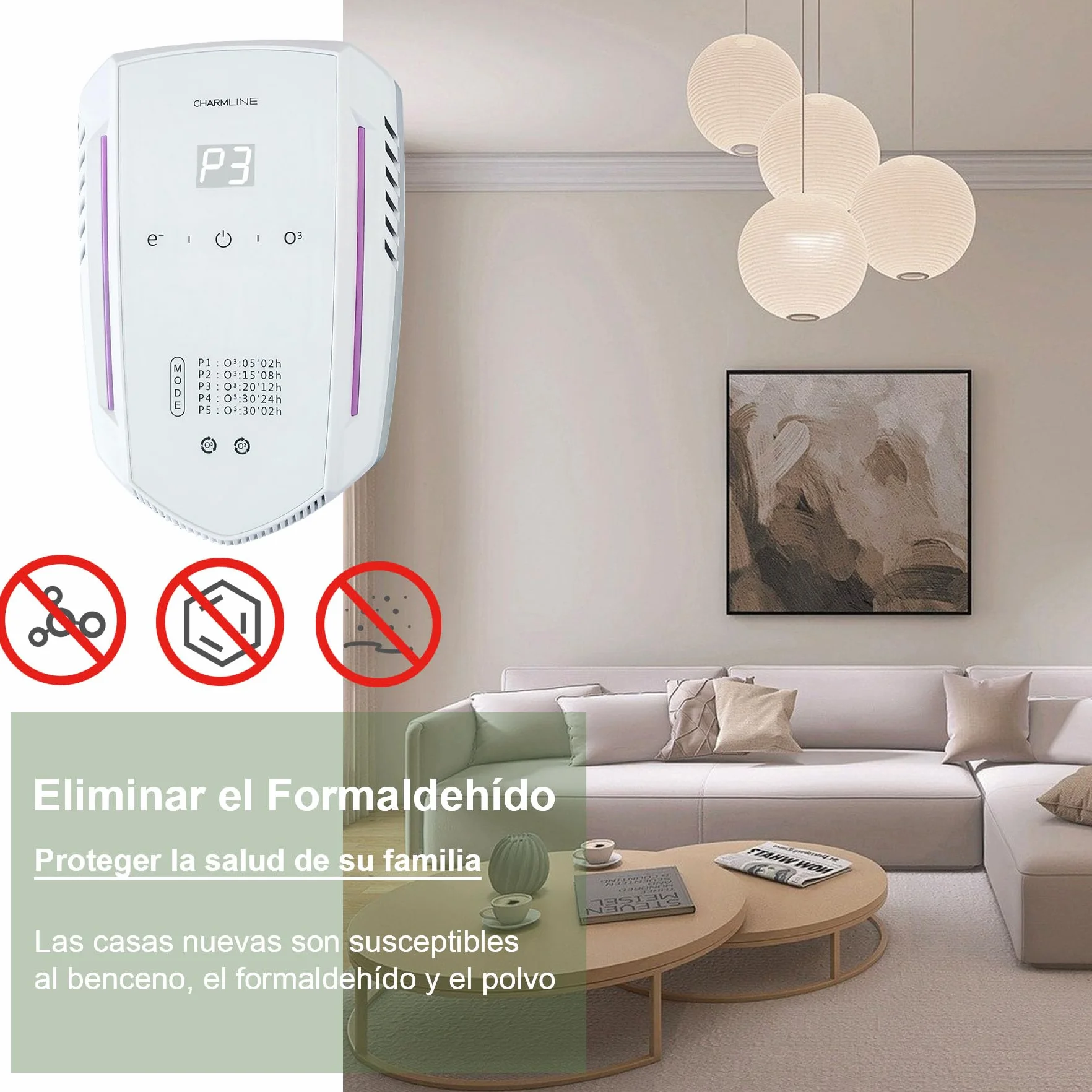 Charmline Purificador de Aire con Ozono e Iones Negativos, Eliminador de Olores, Generador de Ozono para Hogar