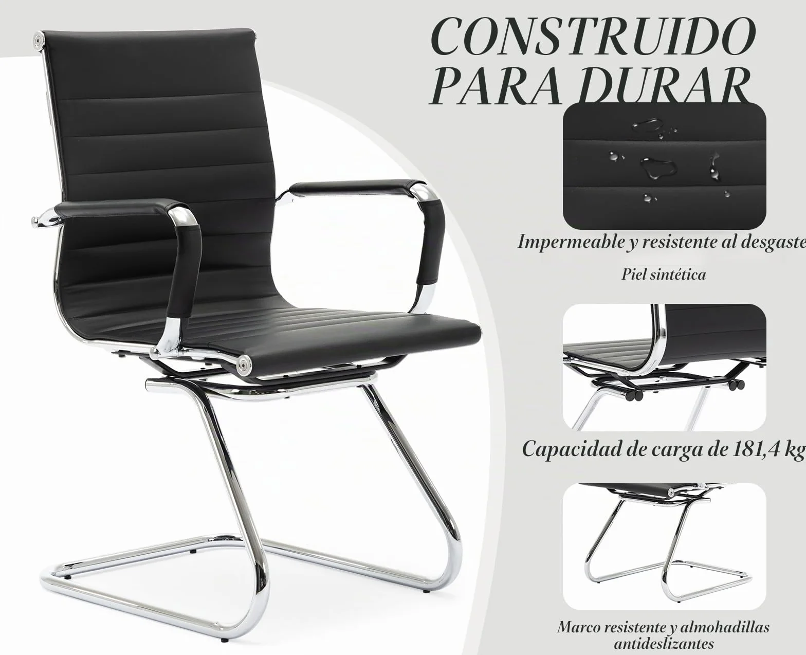 chairus Silla de Oficina de Cuero PU, Juego de 2 Sillas de Trabajo con Reposabrazos, Silla de Reuniones Minimalista, Negro