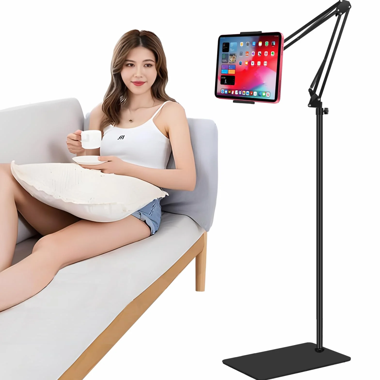 Soporte de piso para tableta con base de doble peso, soporte de teléfono de cama ajustable en altura/soporte de tableta con brazo extensible, compatible con iPhone, iPad, Galaxy Tab, Kindle u otros