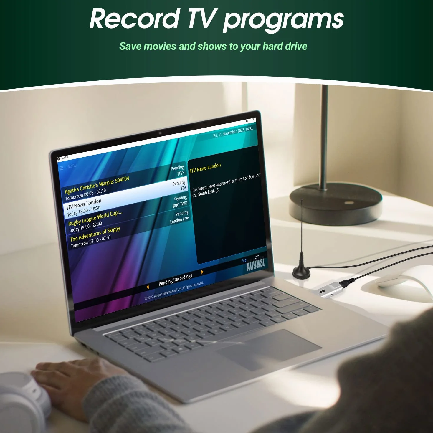 August DVB-T210 Freeview HD TV Sintonizador USB Stick – Mira y graba Canales Freeview en Laptop y PC, graba en HDD o SSD a través de USB, no Requiere WiFi, Receptor DVB-T2 para Windows 11 Home, 10, 8