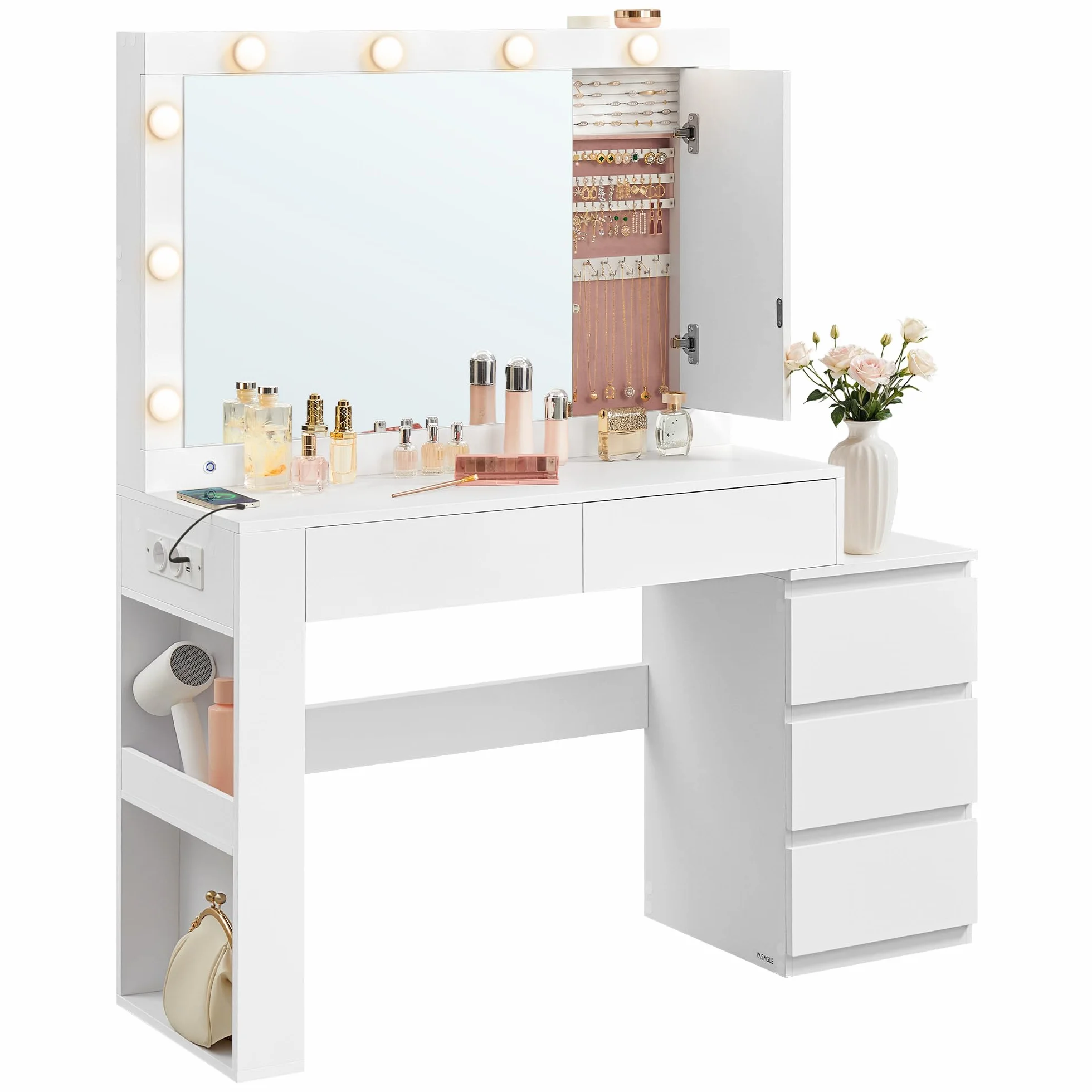 VASAGLE Tocador con Iluminación LED Mesa de Maquillaje 40x125x140 cm Blanco Nube