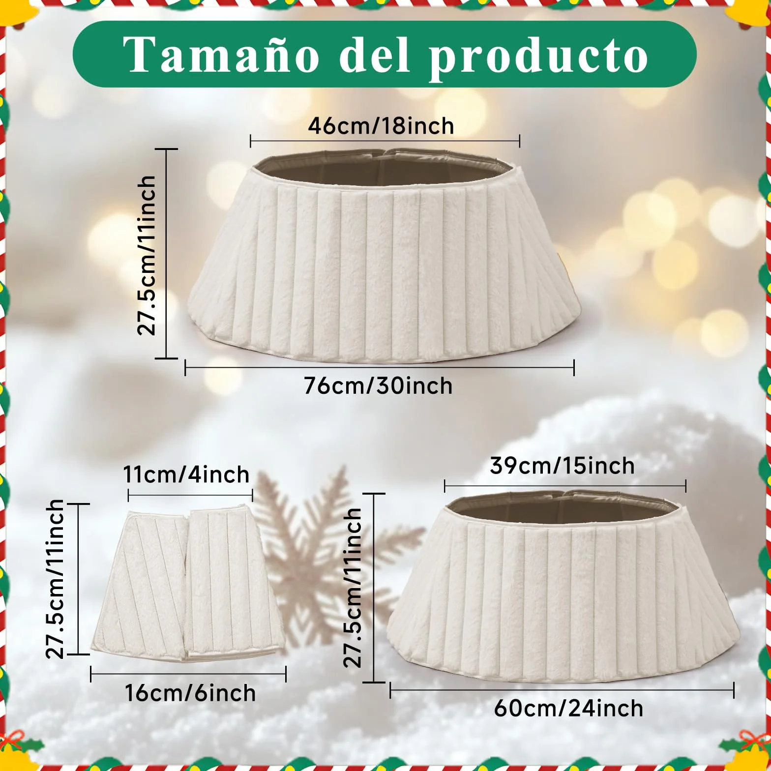 Collar de Árbol de Navidad 60cm Piel Sintética Falda Cubre Base Alfombra Decoración Navideña Interior Blanco