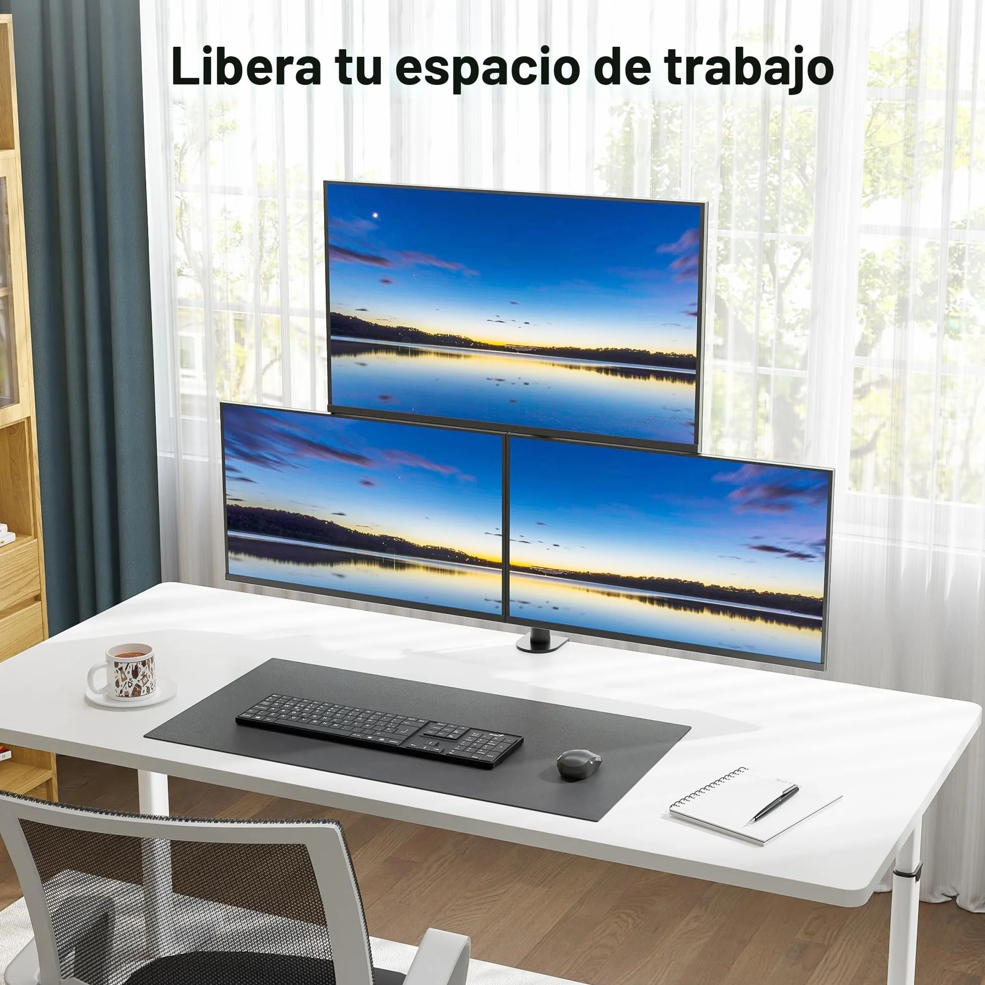 BONTEC Soporte para Monitor Triple, Para 1 Pantalla de 32 Pulgadas y 2 de 27 Pulgadas, Soporta 10 kg, Brazo con Ajuste de Movimiento Completo, VESA 75/100mm, Soporte de Escritorio para Oficina, Gaming