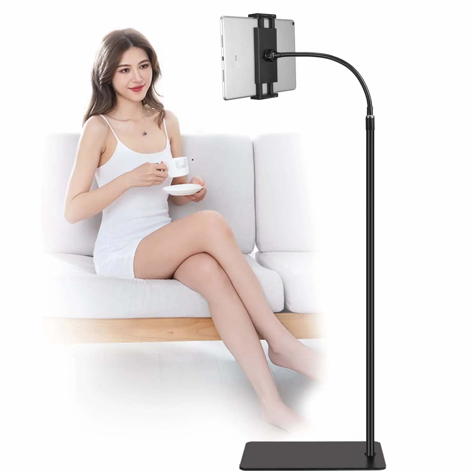 Soporte de suelo para tablet con doble base de peso, soporte de metal giratorio de 360 grados con soporte flexible de cuello de cisne para iPad Mini Air Pro, todos los teléfonos celulares, iPhone y
