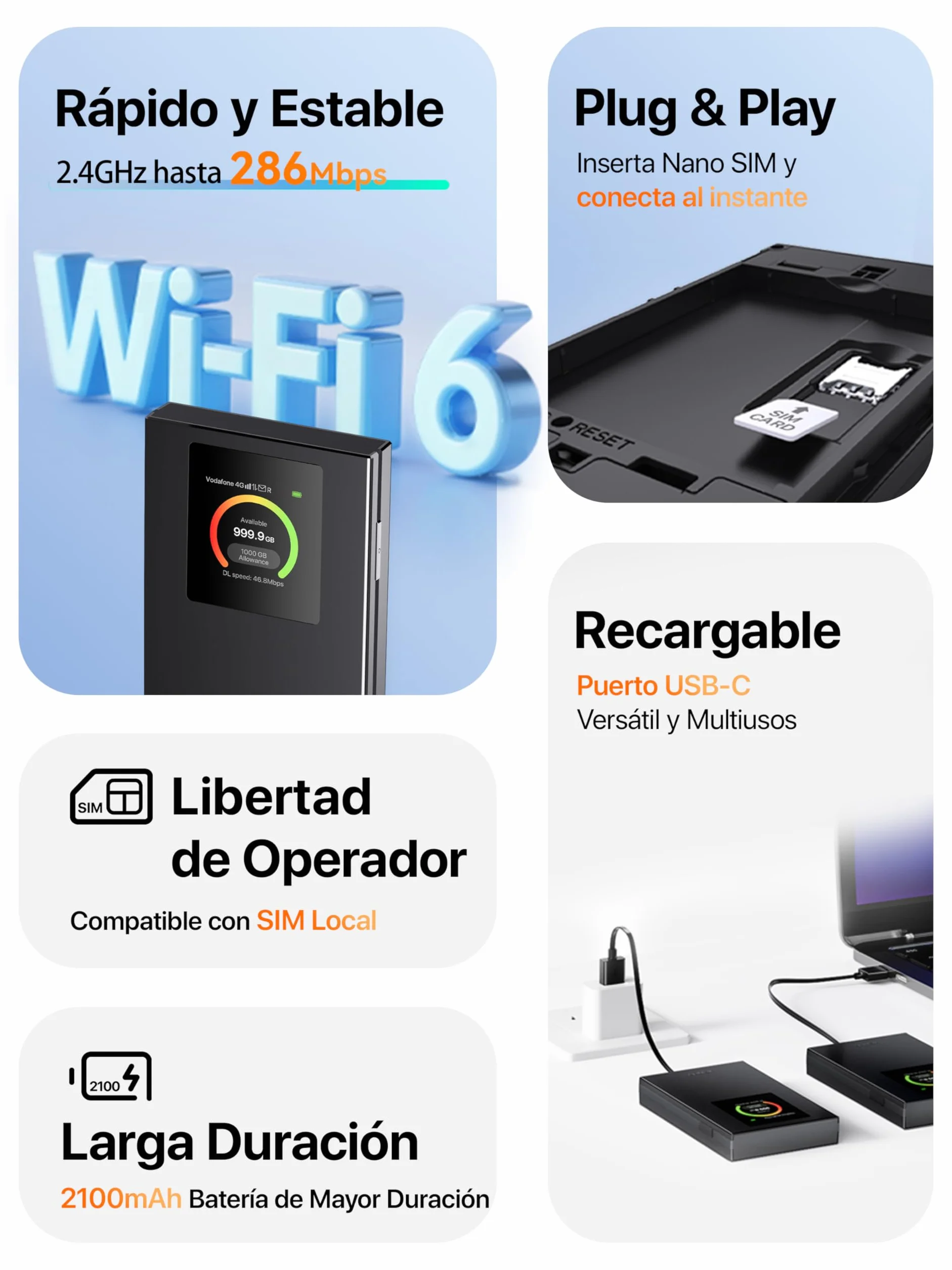 Tenda MF6 Router 4G SIM Móvil Portátil CAT4 WiFi6 AX300 MiFi 2100 mAh USB-C WPA3
