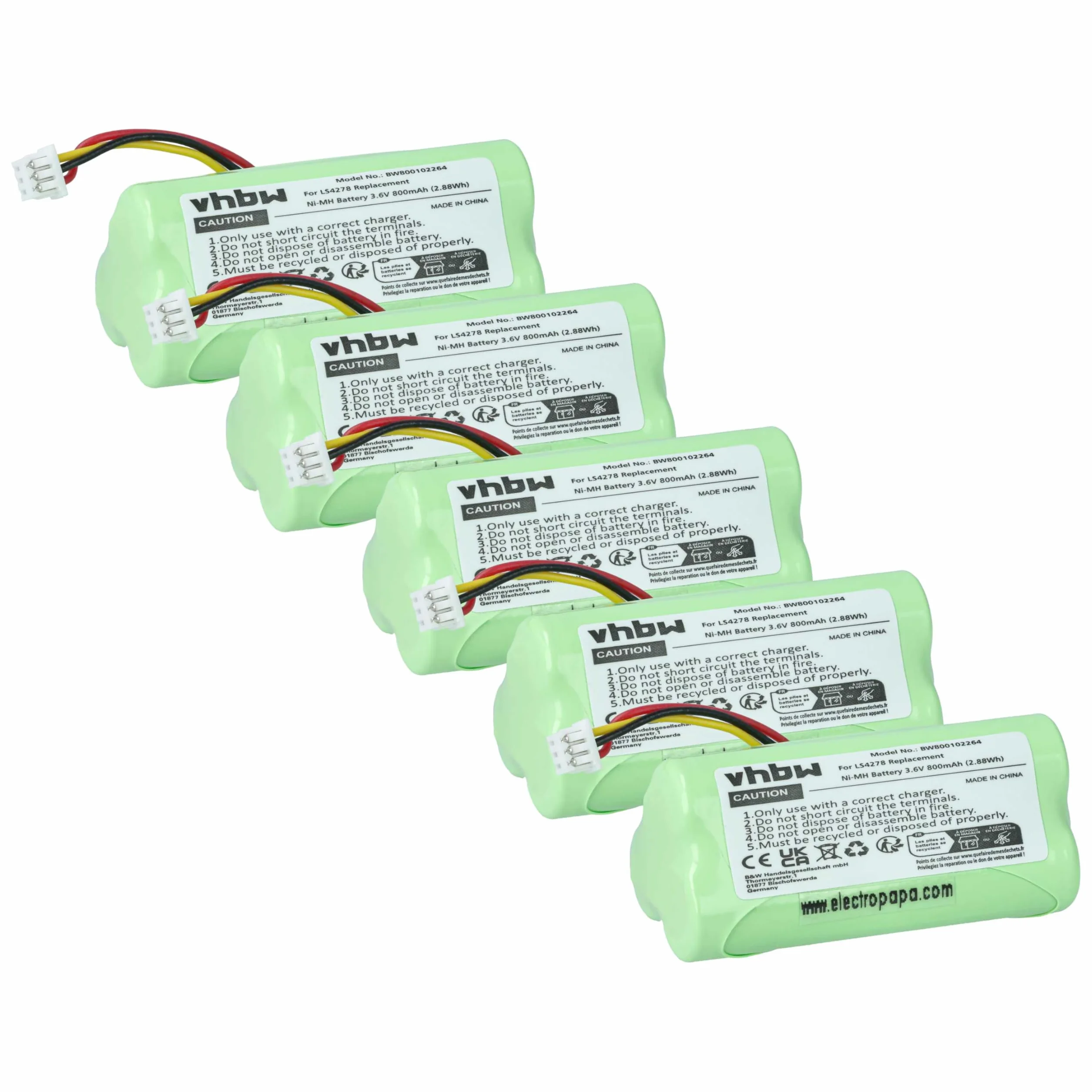vhbw 5X batería Compatible con Symbol LS4278 escáner códigos de Barra, TPV (800 mAh, 3,6 V, NiMH)