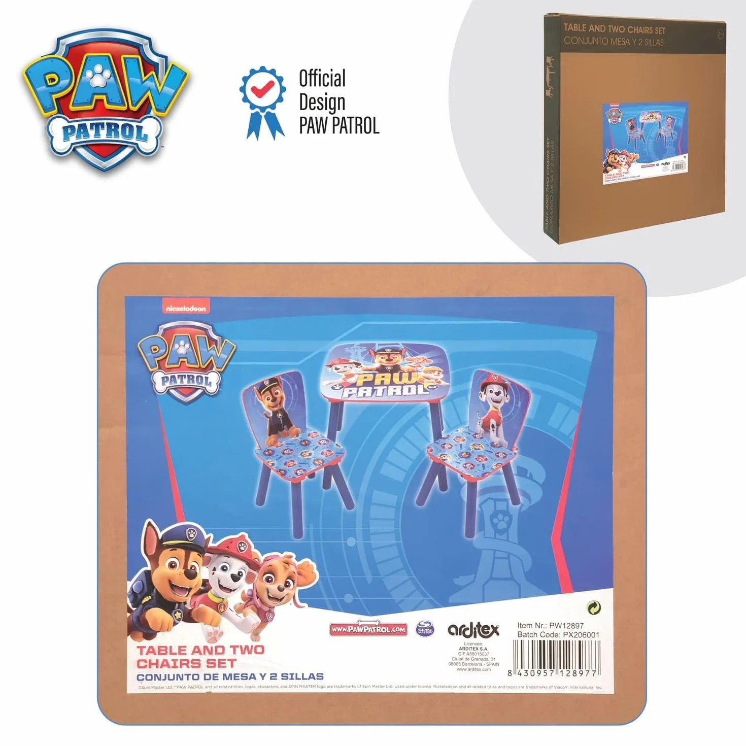 ARDITEX PW12897 Set de Mesa y 2 Sillas Madera Nickelodeon Patrulla Canina