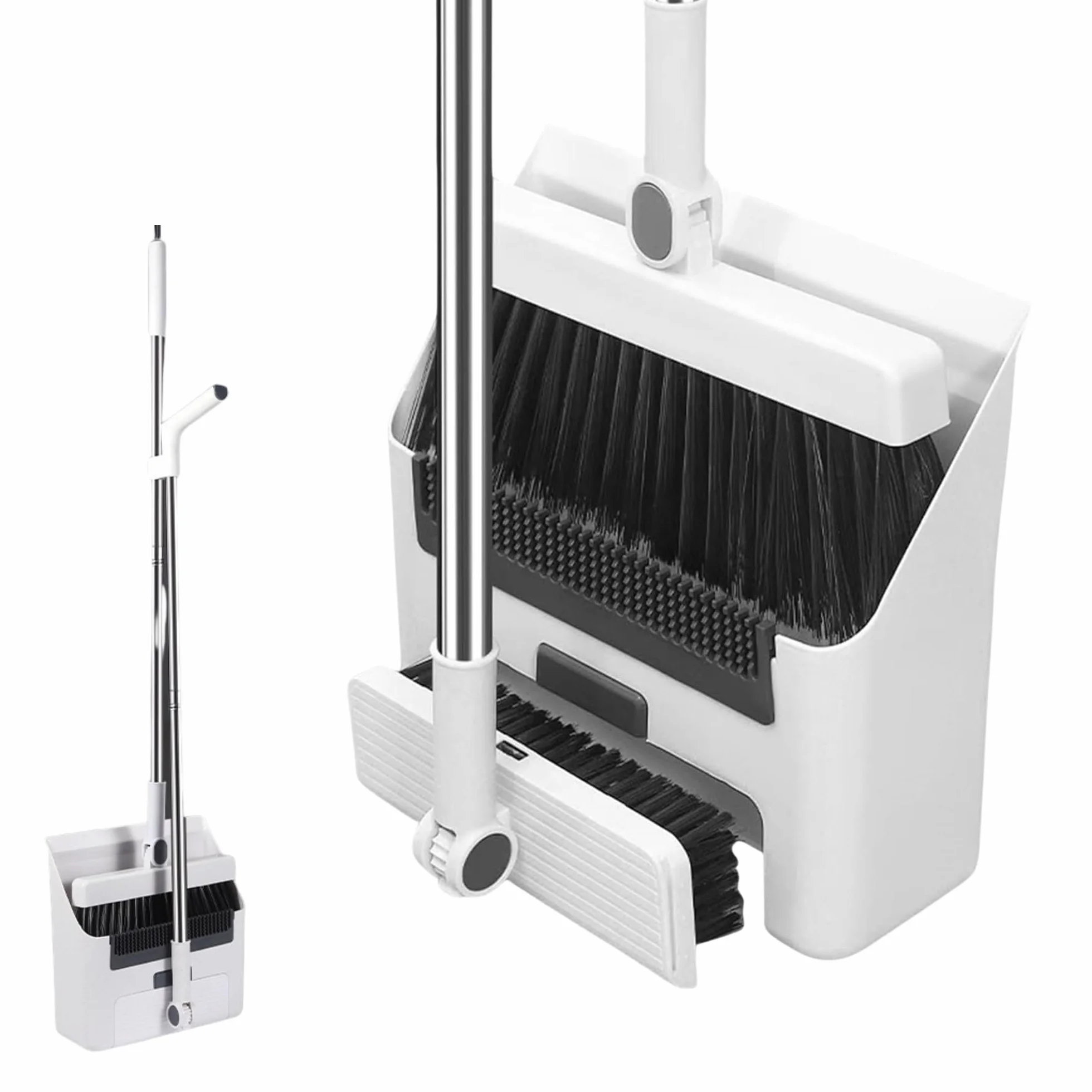 Escoba y Recogedor Plegable, Juego de Cepillo de Barrer con 2 Cabezales, Cabezal Giratorio 180 Grados y Almacenamiento Vertical para Hogar