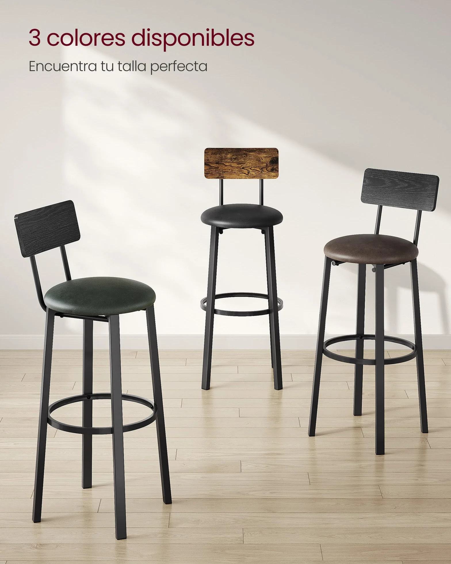 VASAGLE Taburetes de Bar Juego de 2 Tapizados de PU con Reposapiés Marrón Rústico y Negro Tinta