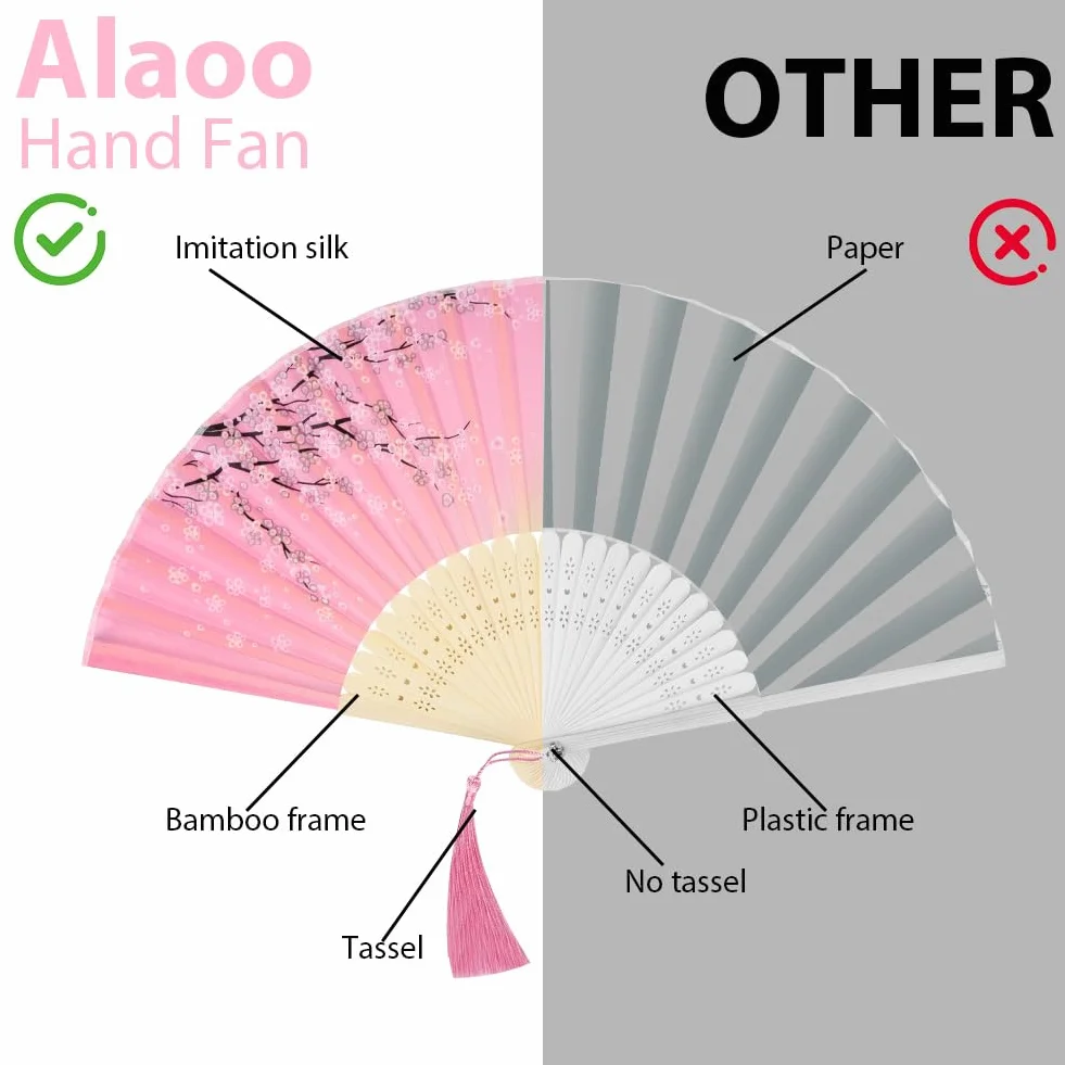 Abanico de bambú plegable chino con borla verde rosa