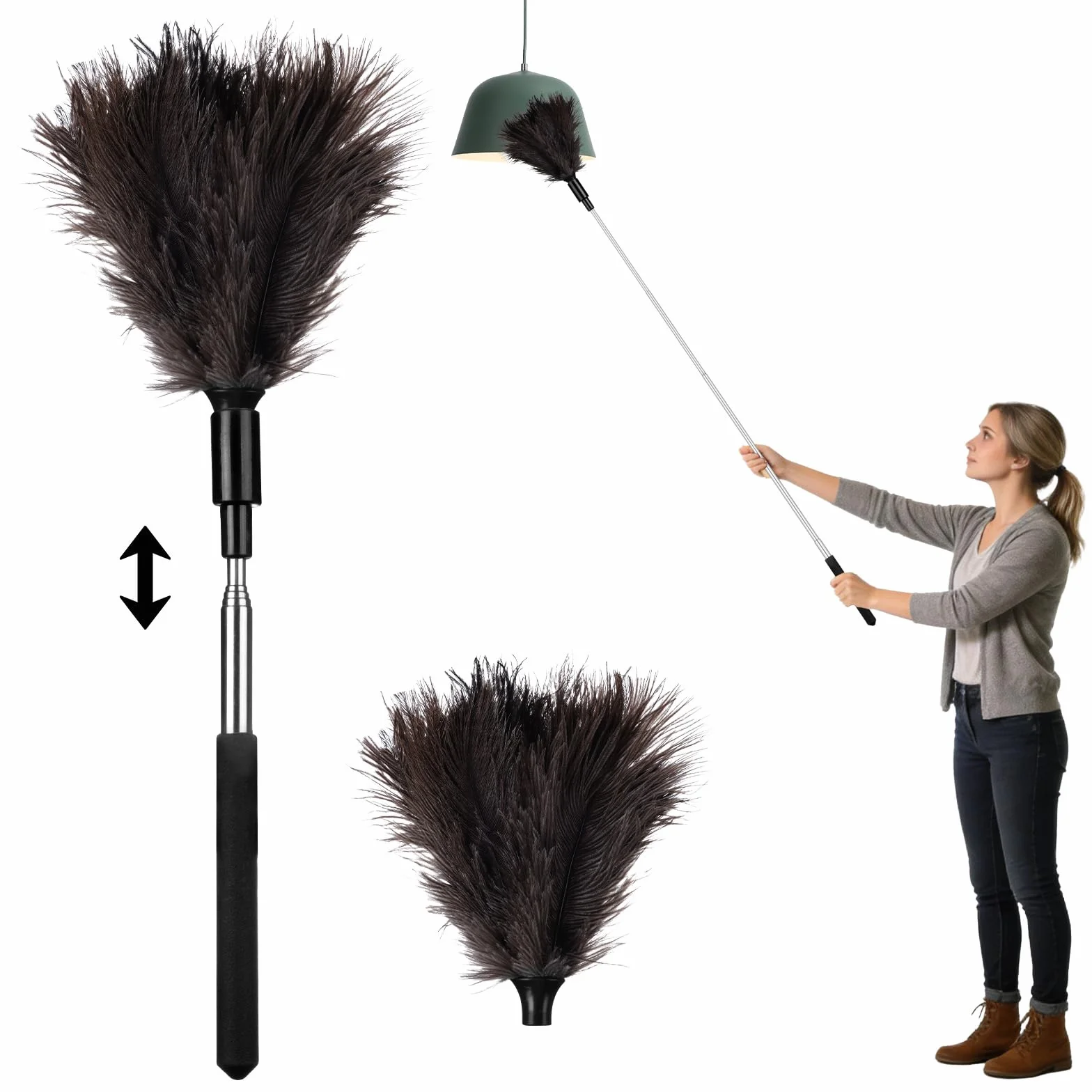 Vicloon Plumero de Plumas de Avestruz Duster Atrapapolvo 38-85cm Extensible Ajustable Lavable Mango de Acero Inoxidable