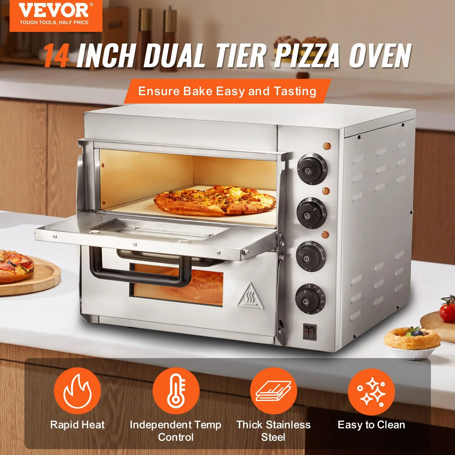 VEVOR Horno de Pizza Comercial Eléctrico de Encimera Doble Piso, Acero Inoxidable con Piedra, 520 x 430 x 430 mm