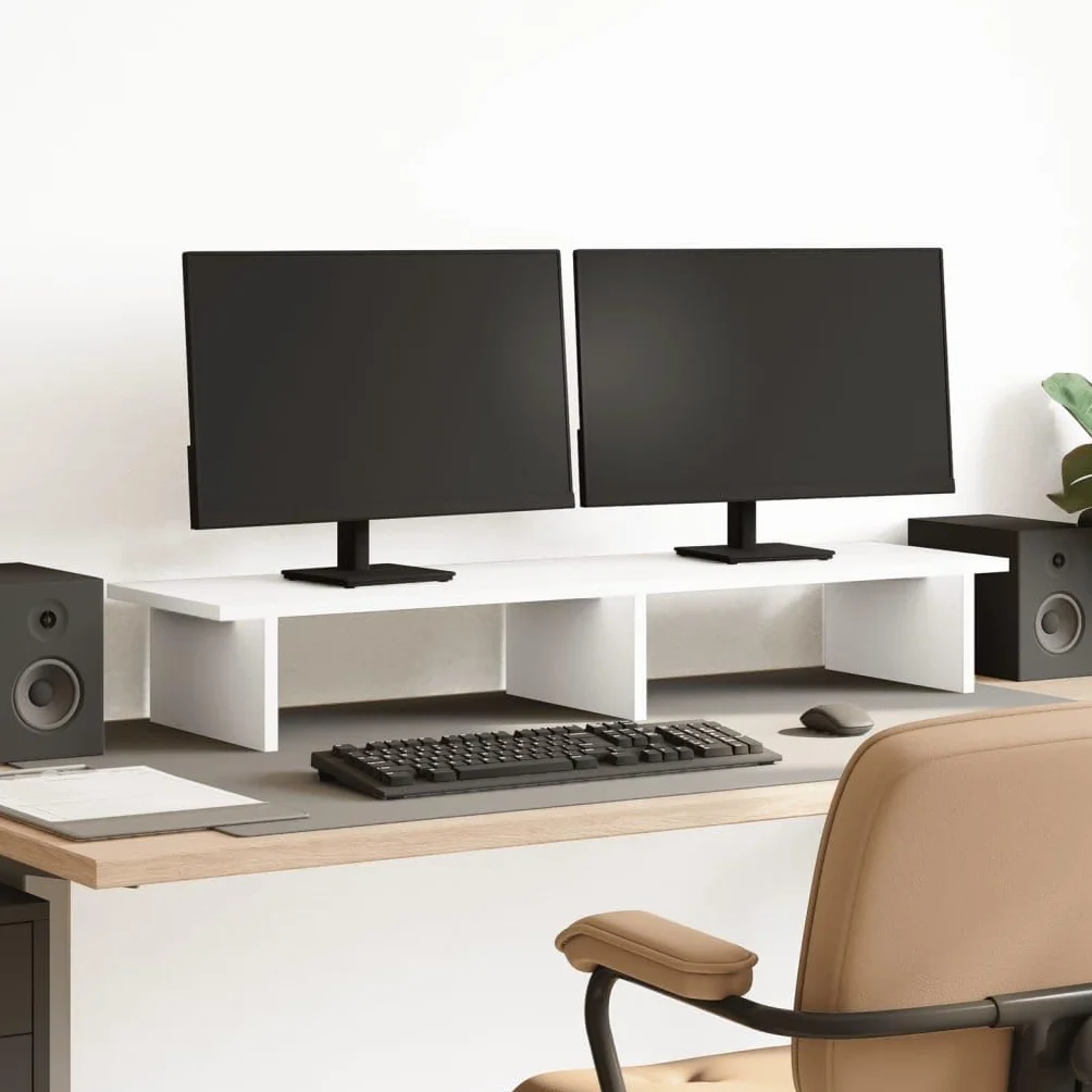 Soporte para monitor blanco de madera 100 x 27 x 15 cm, estante estable para escritorio de ordenador y portátil, elevador ergonómico para PC, portátil y tableta, ahorra espacio para oficina y