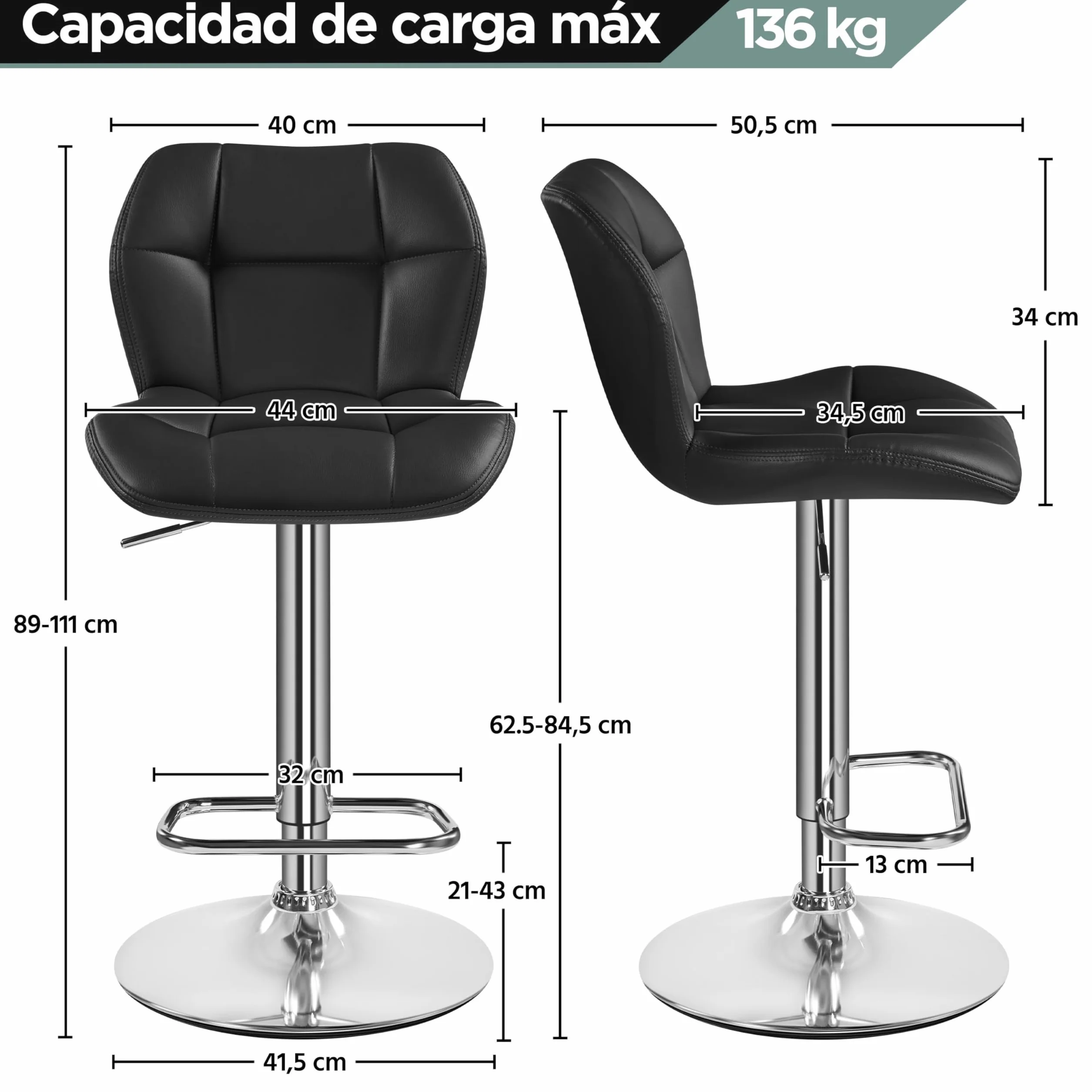 Yaheetech Juego de 4 Taburetes de Bar Altos de Cocina de Polipiel, Altura Ajustable, Giratorio 360° con Respaldo y Reposapiés, Negro
