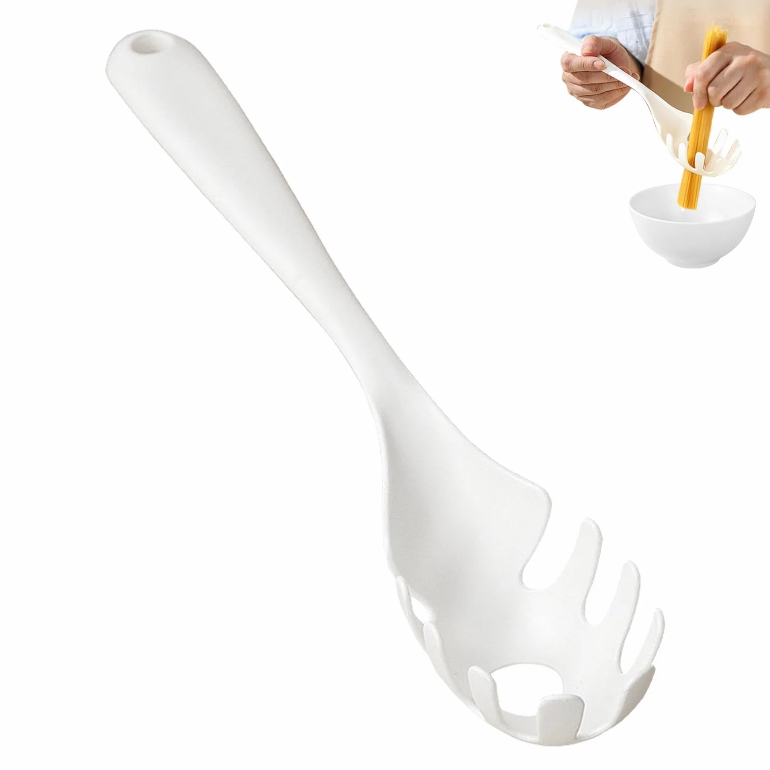 Cuchara de espagueti con dientes, tenedor de fideos resistente al calor, mango largo para cocina