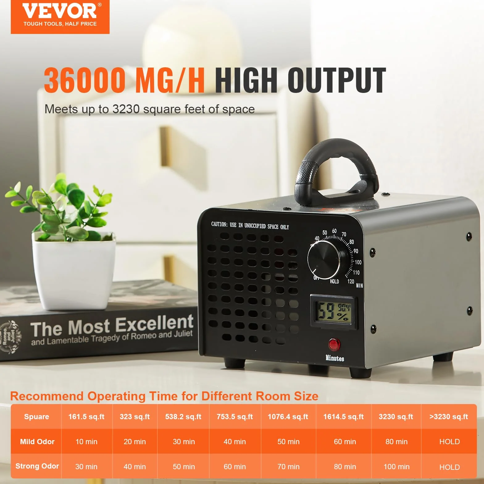 VEVOR Generador de Ozono Purificador de Aire 36000 mg/h O3 115 W Comercial Industrial Temporizador 0-120 min