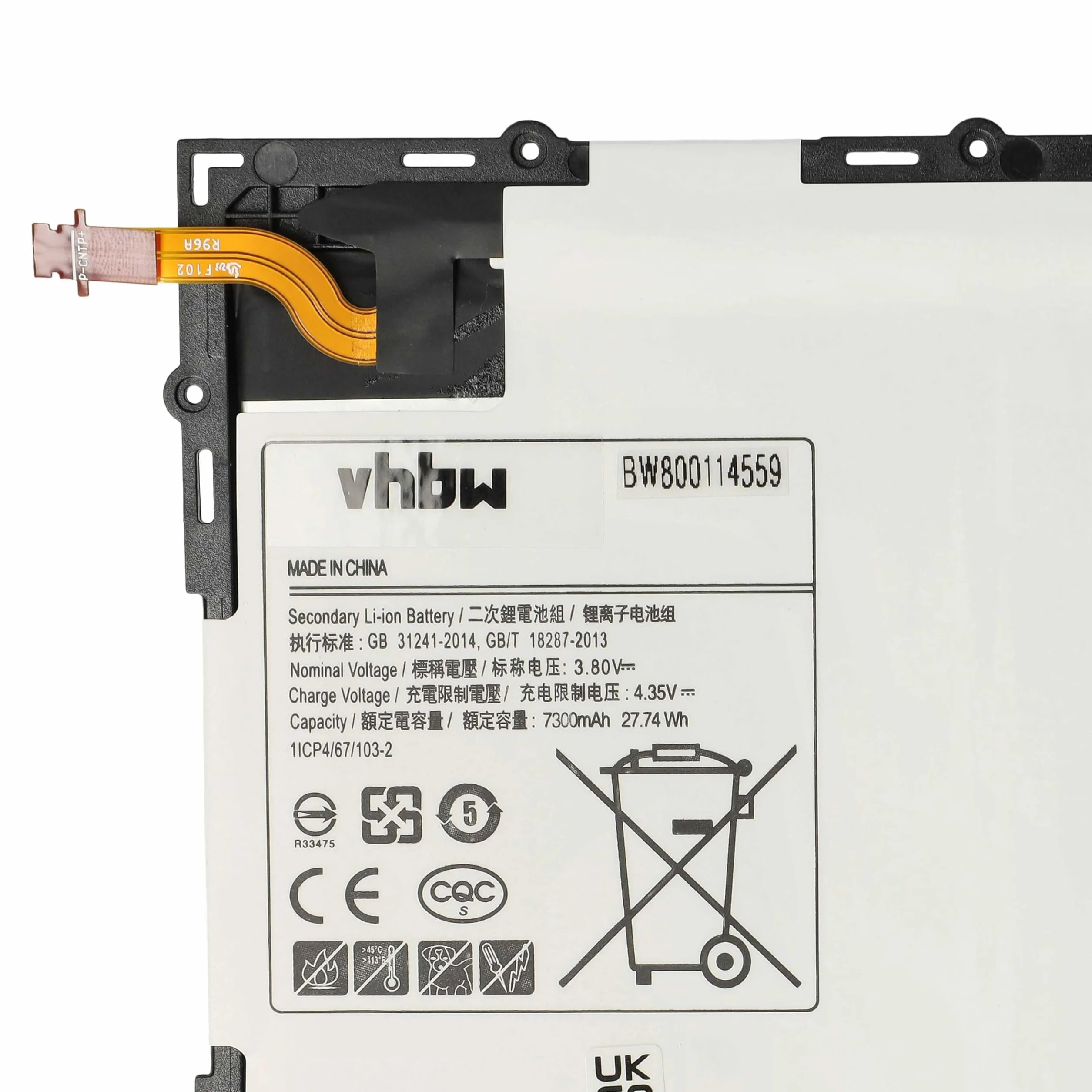 vhbw Batería Compatible con Samsung Galaxy Tab SM-P585M, SM-P585Y, SM-T580, SM-P585N, SM-P585N0 Tablet, Pad (7300 mAh, 3,8 V, Li-Poli)