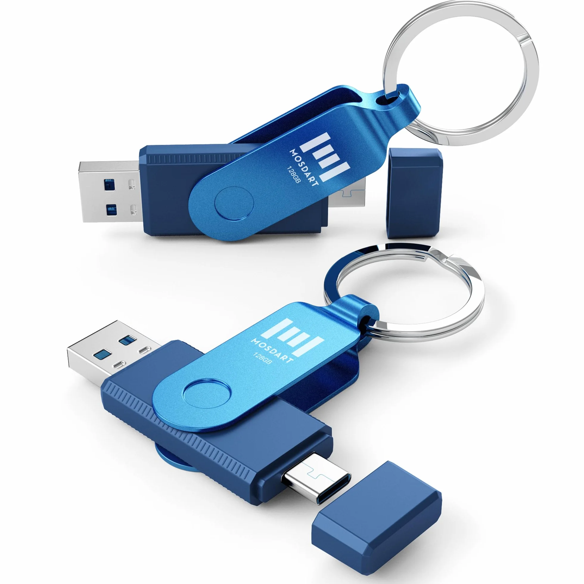 MOSDART Unidad flash USB C dual de 128 GB, velocidad de hasta 150 MB/S, unidad de pulgar tipo C 3.1 con llavero e indicador LED, para iPhone 15, 16, 17, teléfono Android, iPad, MacBook y portátiles