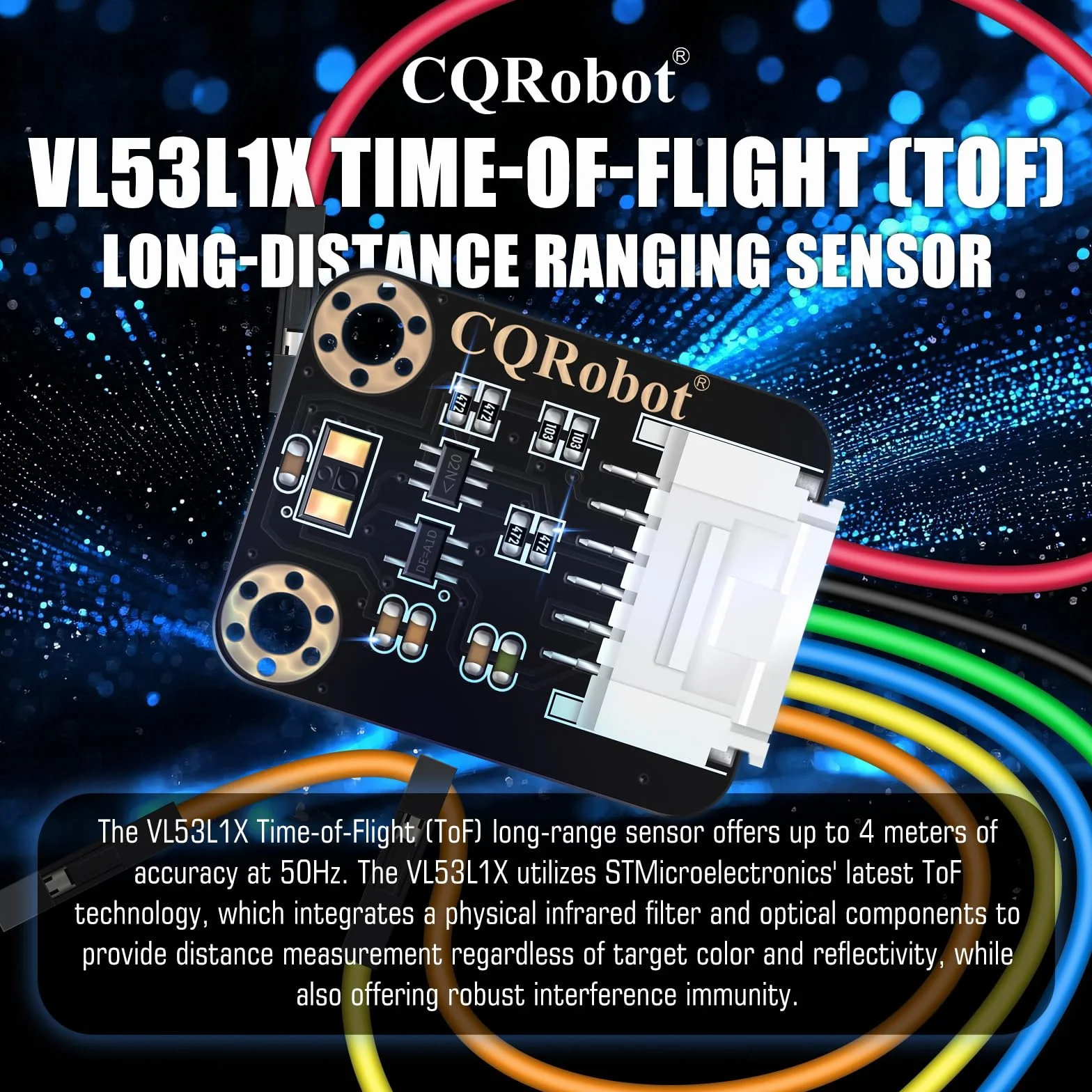 CQRobot VL53L1X Time-of-Flight (ToF) Long Distance Ranging Sensor, Compatible with Raspberry Pi/Arduino/STM32 Board, I2C Interface. for Mobile Robot, UAV, Detection Mode, Camera, Smart Home.