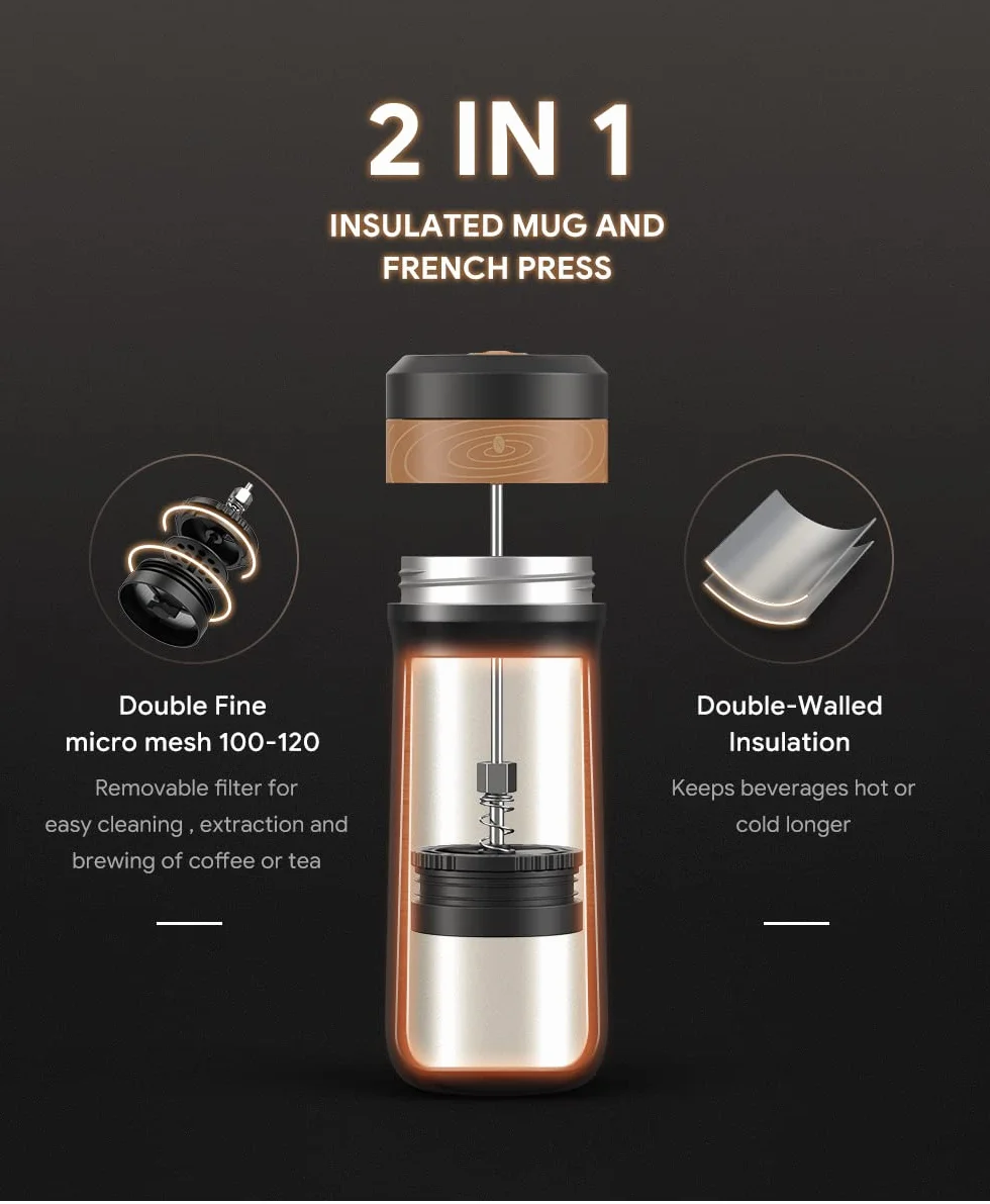 Cafetera portátil de prensa francesa 320ml acero inoxidable filtro único té café caliente/frío