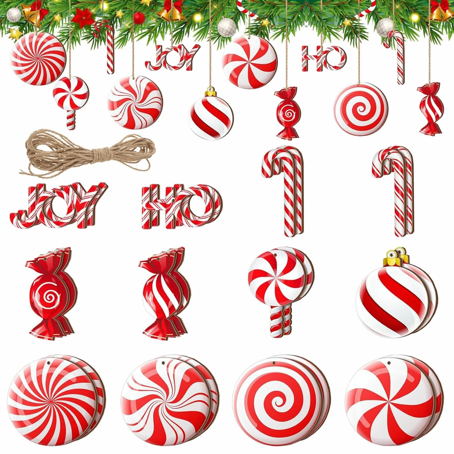 Adornos de Navidad Caramelos 24 Piezas 3-8cm Decoracion Arbol de Navidad Cajas de Madera para Dulces Decoración Navidad para árboles de Navidad, Fiestas, Decoraciones Navideñas