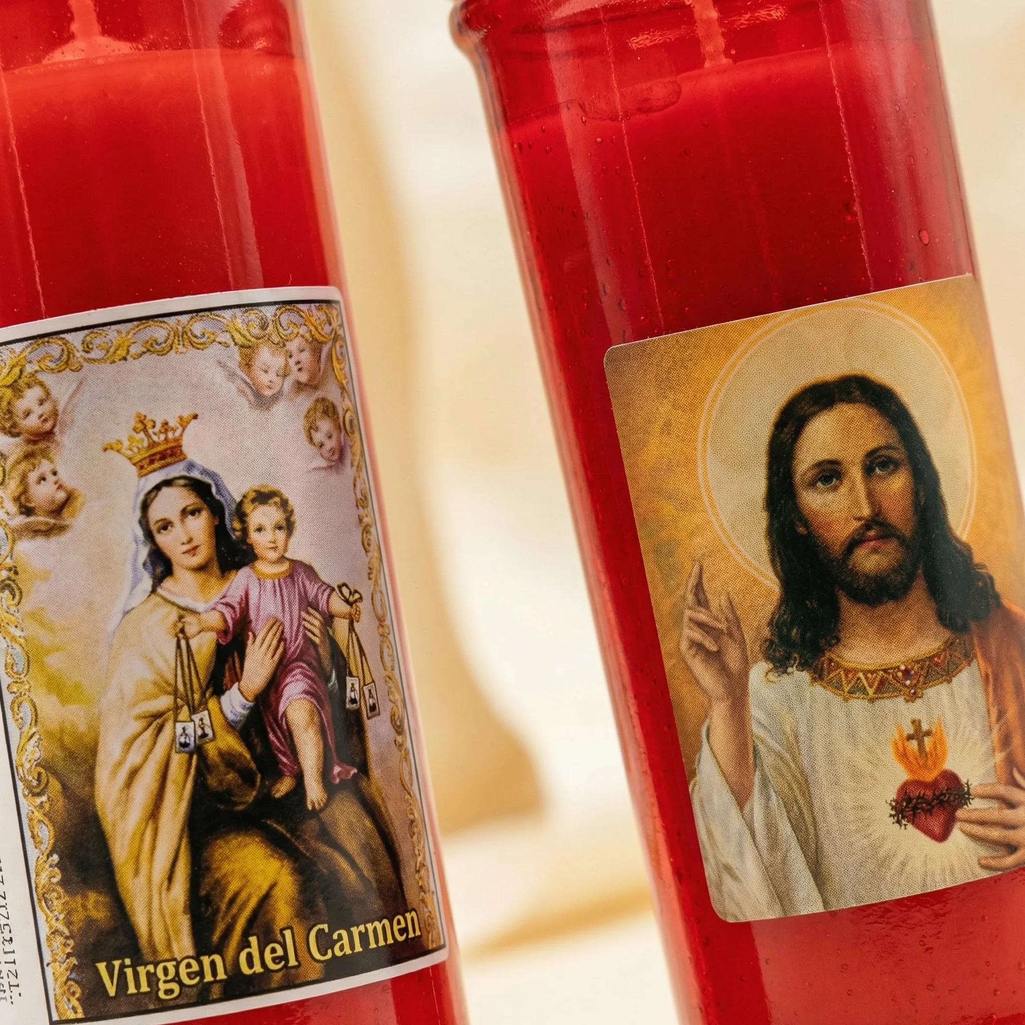 Velas Religiosas Roja Sagrado Corazón de Jesús Virgen del Carmen Velón Vaso Plástico Resistente Calor Altar Iglesia Sin Fragancia