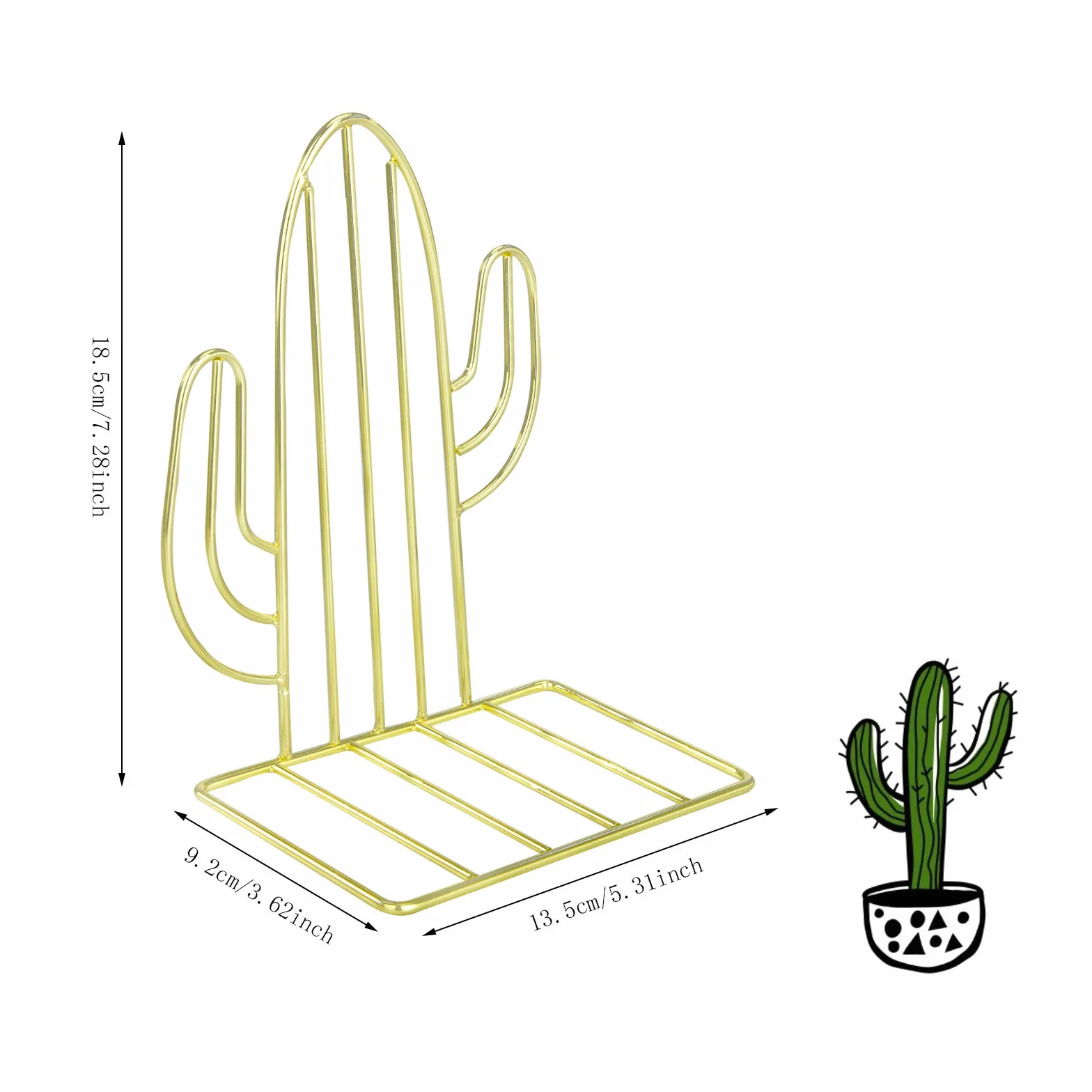 Sujetalibros de Metal Cactus Soporte Hierro Antideslizante 2 PCS Oro