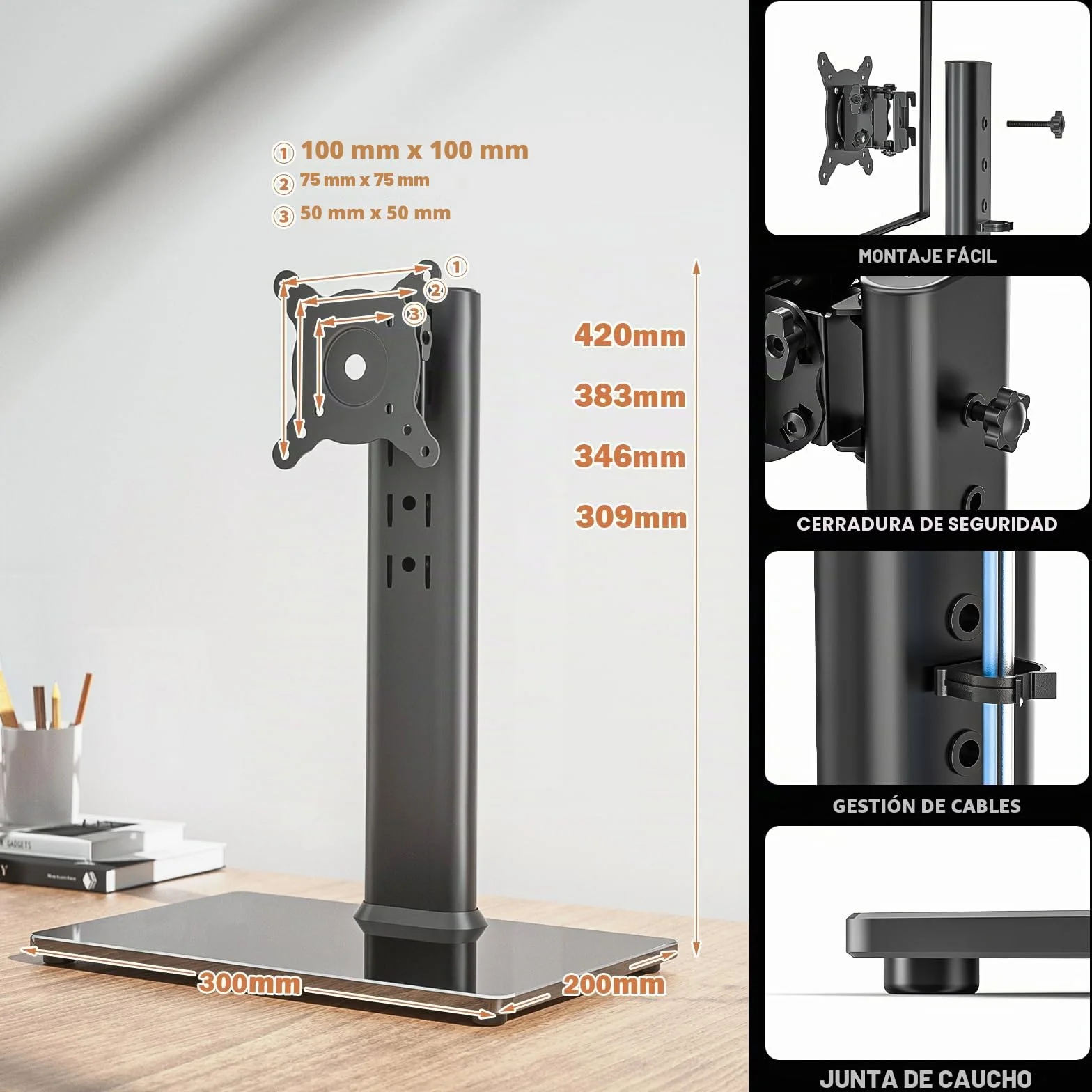 Hemudu Soporte TV Pie Universal 13 a 32 Pulgadas, Soporte TV Mesa Giratorio 100º, Soporte Monitor Altura Ajustable de 4 Niveles, Inclinable 25º, Rotación 360º, Max Peso 35 kg, Max Vesa 100x100 mm
