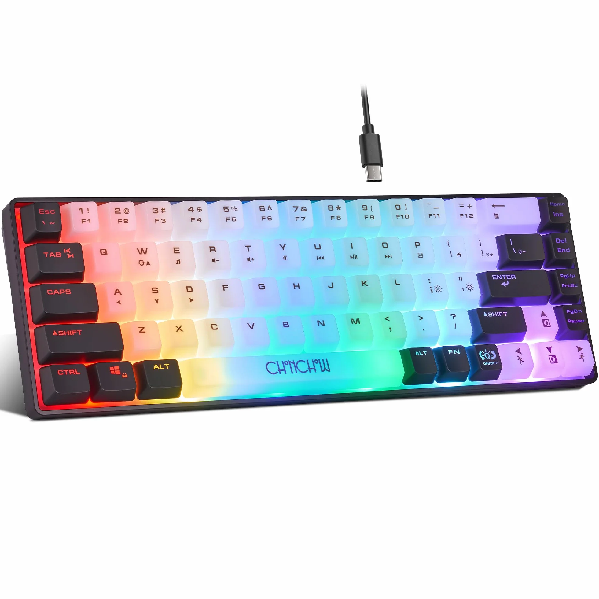CHONCHOW Teclado mini RGB 60% para juegos, 68 teclas, pequeño, compacto, USB, con cable, arco iris, iluminado, retroiluminado, para Xbox, PS4, PS5, PC, portátil, gamer (blanco-negro)