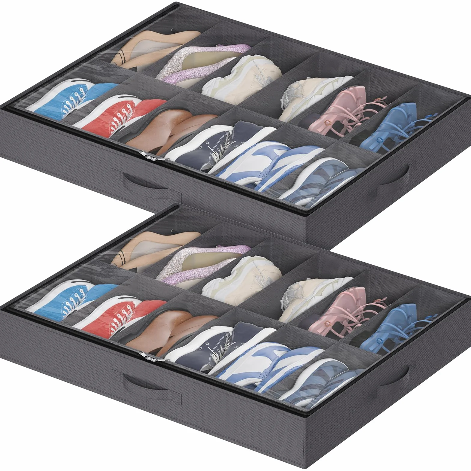 Lifewit Bolsas de Almacenamiento para Zapatos con Ventana Transparente, Cajas Almacenaje Zapatos Plegables Debajo de la Cama con Asas, Organizador Zapatos, Gris, 2 x 12 Pares