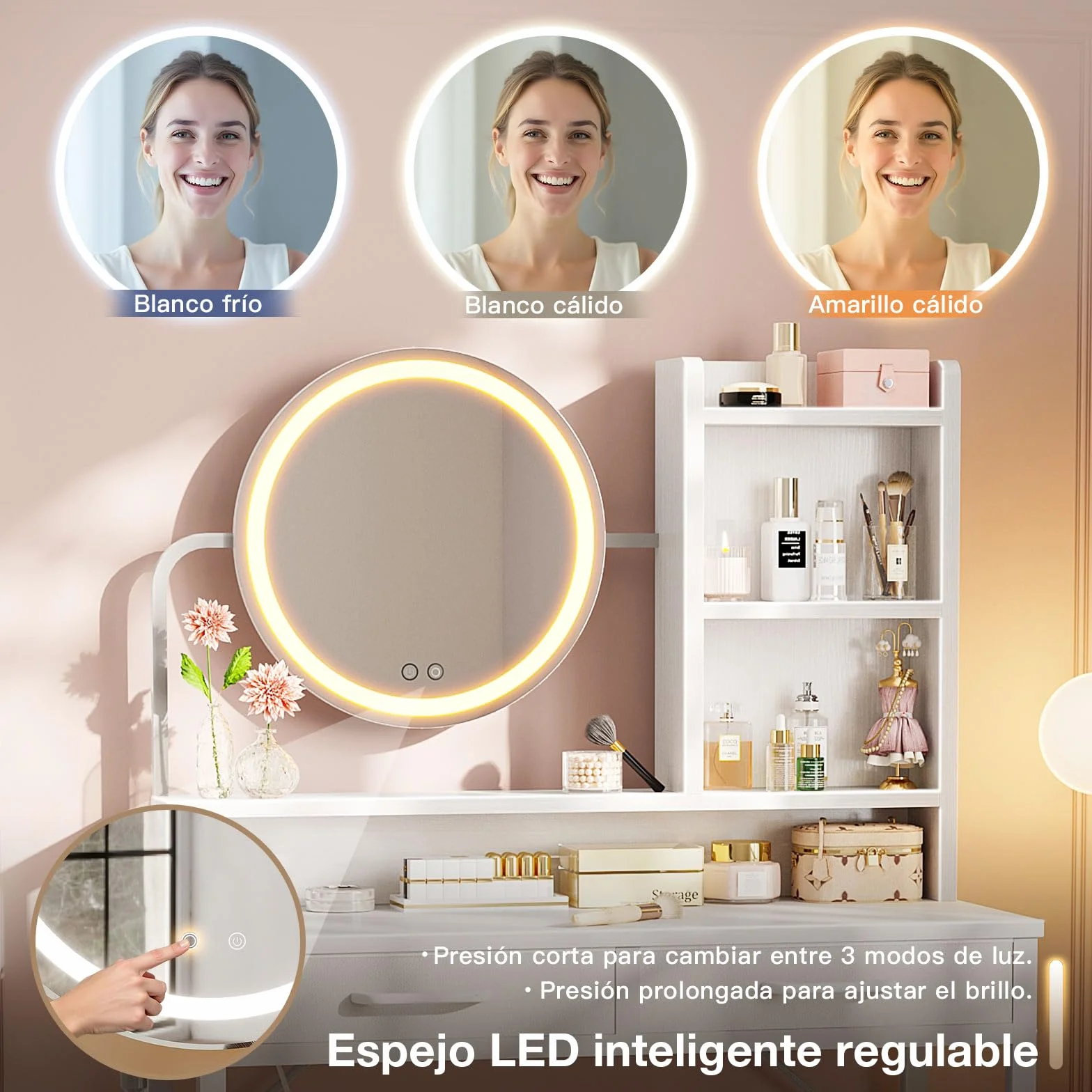 ODK Tocador con Luces LED, Altura Ajustable 120-180 cm, 2 Cajones, 80x40x136 cm, Blanco