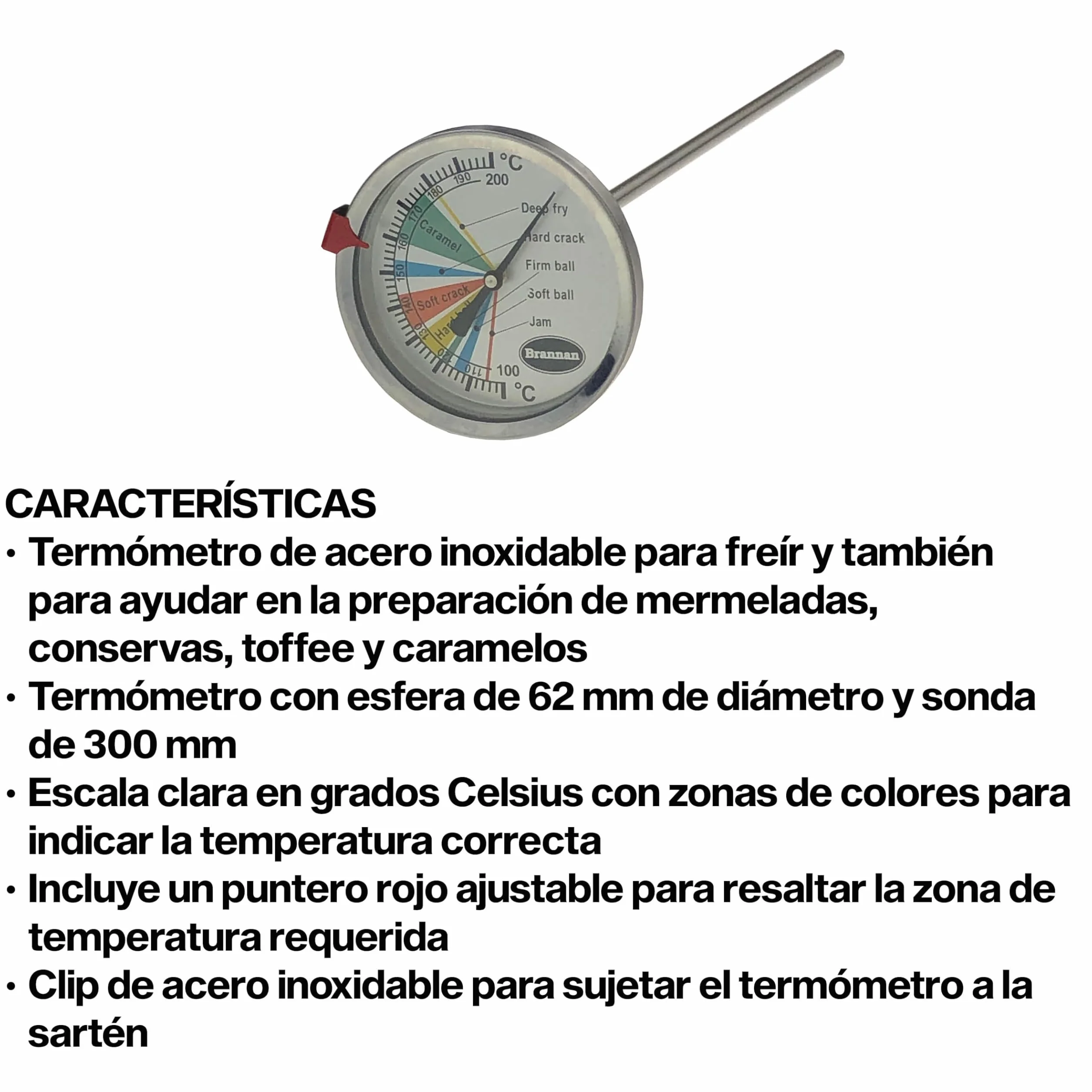 Brannan Termómetro de azúcar con sonda de 300 mm para mermeladas, dulces y freír
