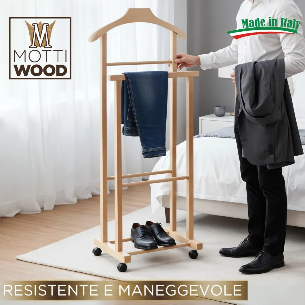 Galán de noche perchero dormitorio madera haya natural Servo Mudo doble 4 ruedas fabricado Italia