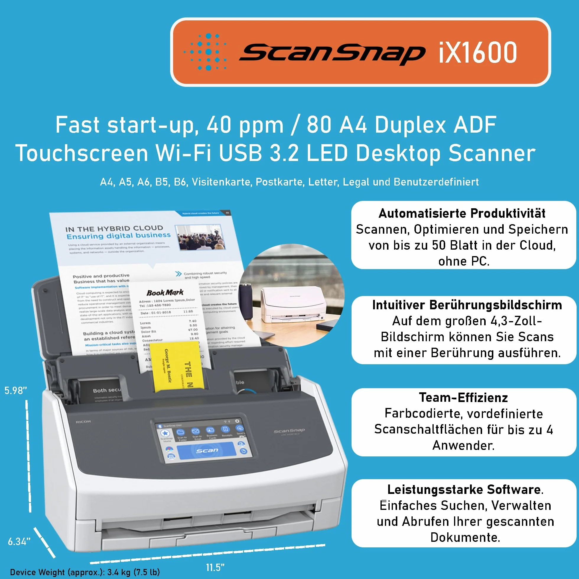 ScanSnap iX1600 Blanco Escáner de Documentos ADF Doble Cara WiFi Pantalla táctil USB 3.2