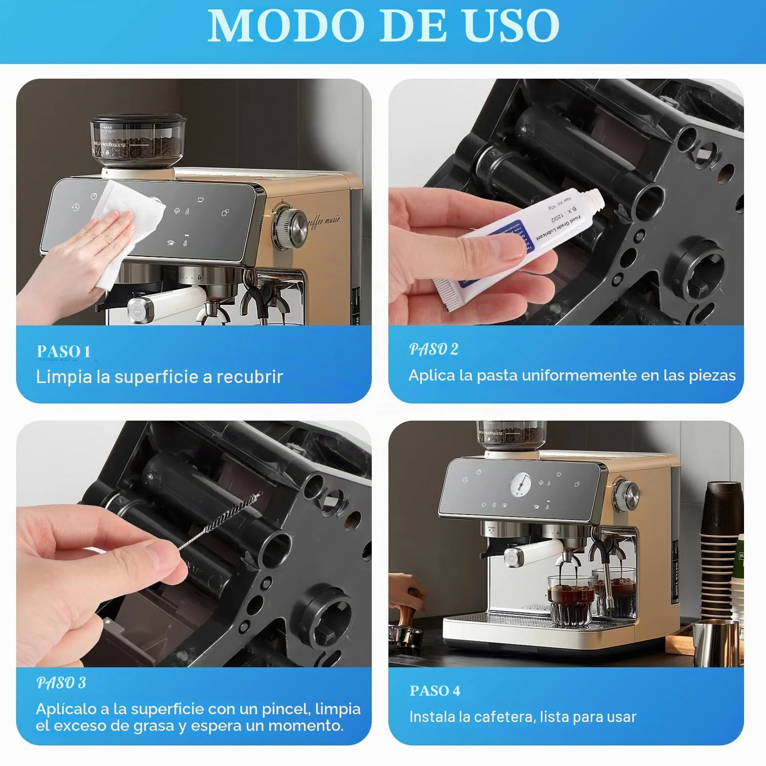 Grasa de silicona para cafeteras automáticas 30g apta para alimentos con 4 cepillos de limpieza