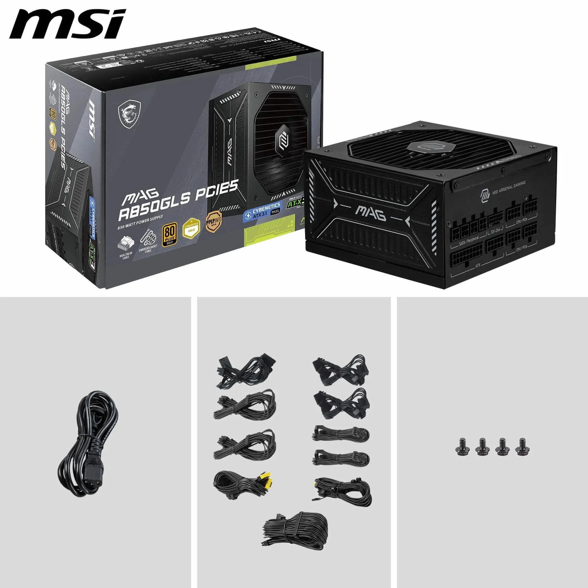 MSI mag A850GLS PCIE5, Fuente de alimentación, 850W, 80 Plus Gold, ATX 3.1, Compatible con GPU PCIe 5.1, 12V-2x6 nativos, Conector 12V-2x6 de Dos Colores, Fuente de alimentación ATX