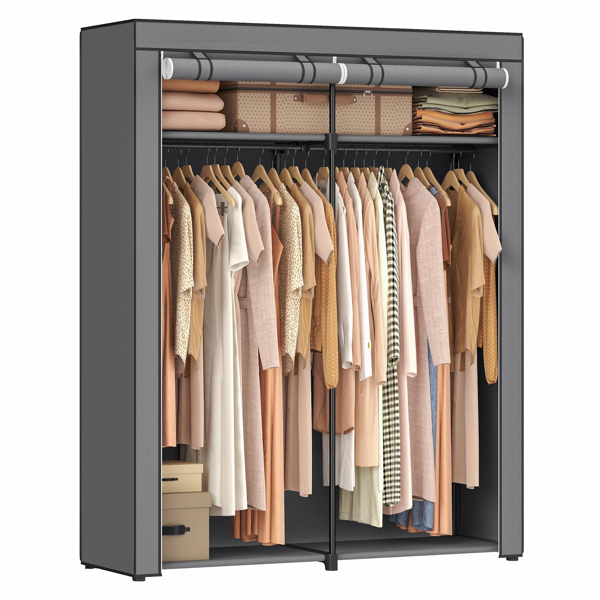 SONGMICS Armario de Tela, Armario Portátil con Barras para Colgar, Perchero, Plegable, Guardarropa, para Dormitorio, Estudio, 140 x 43 x 174 cm, Gris RYG02GY