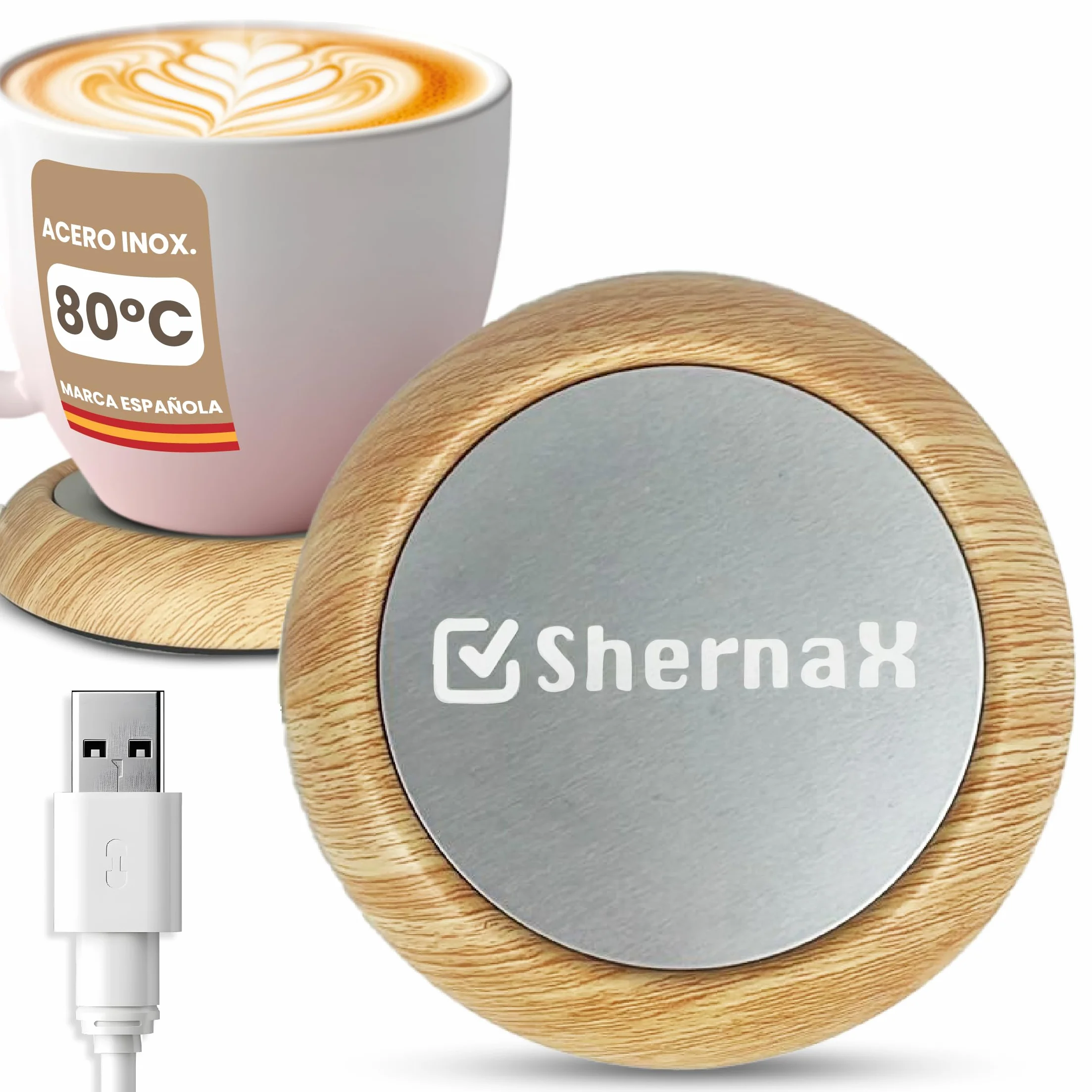 Calentador de Tazas de Café. Calienta Taza USB Calentador de Bebidas Portátil con Temperatura hasta 80℃ Calienta Tazas de Té, Café, Leche (Madera Clara)