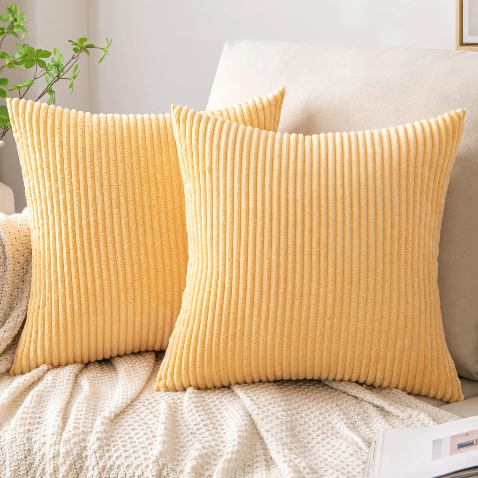 EMEMA Funda Cojines 45x45 cm Corduroy Rayas Decoración Moderna para Sofá 2 Piezas Amarillo Brillante