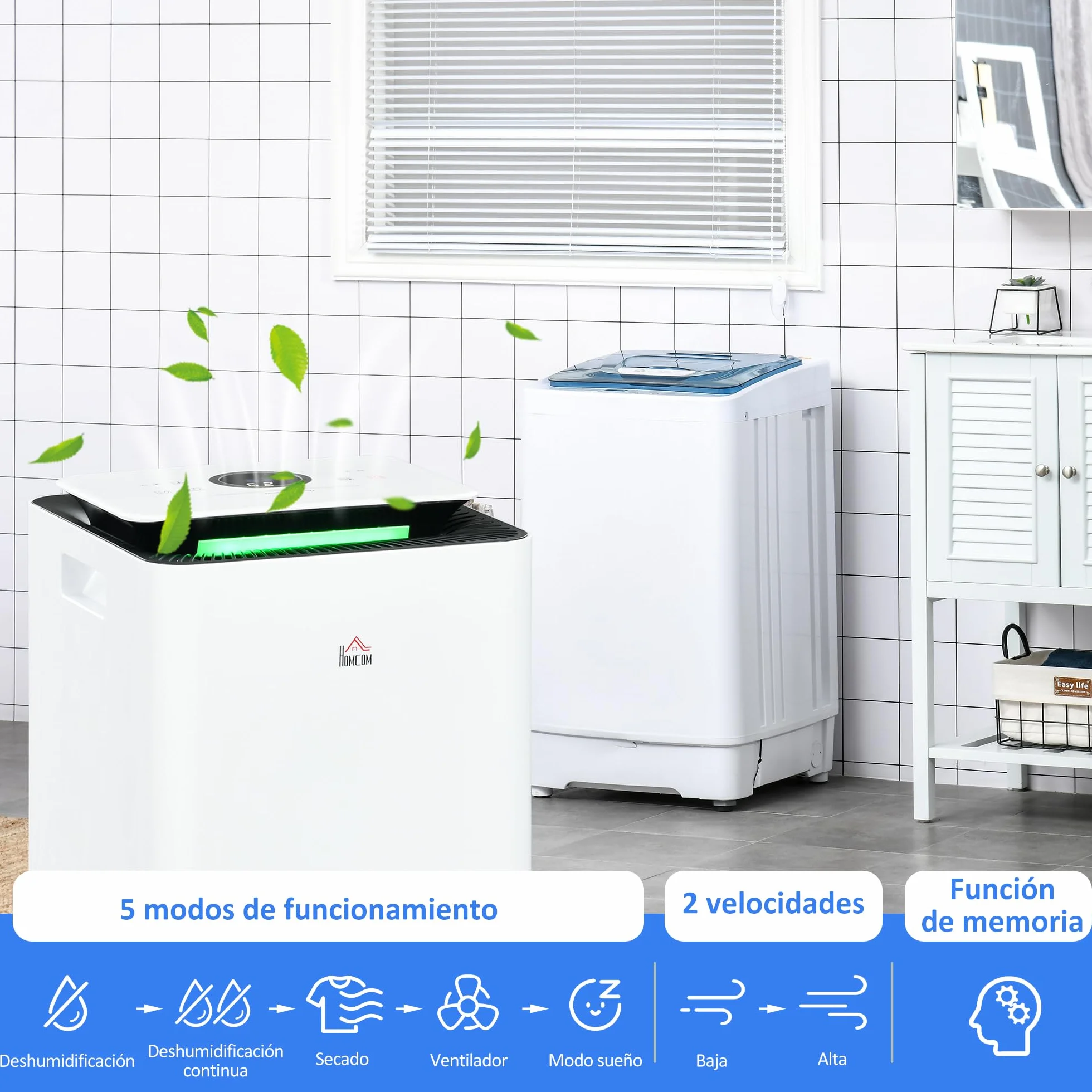HOMCOM Deshumidificador Eléctrico 12L/día 2,5L Silencioso 5 Modos 2 Velocidades LED Temporizador Blanco 10-25m²