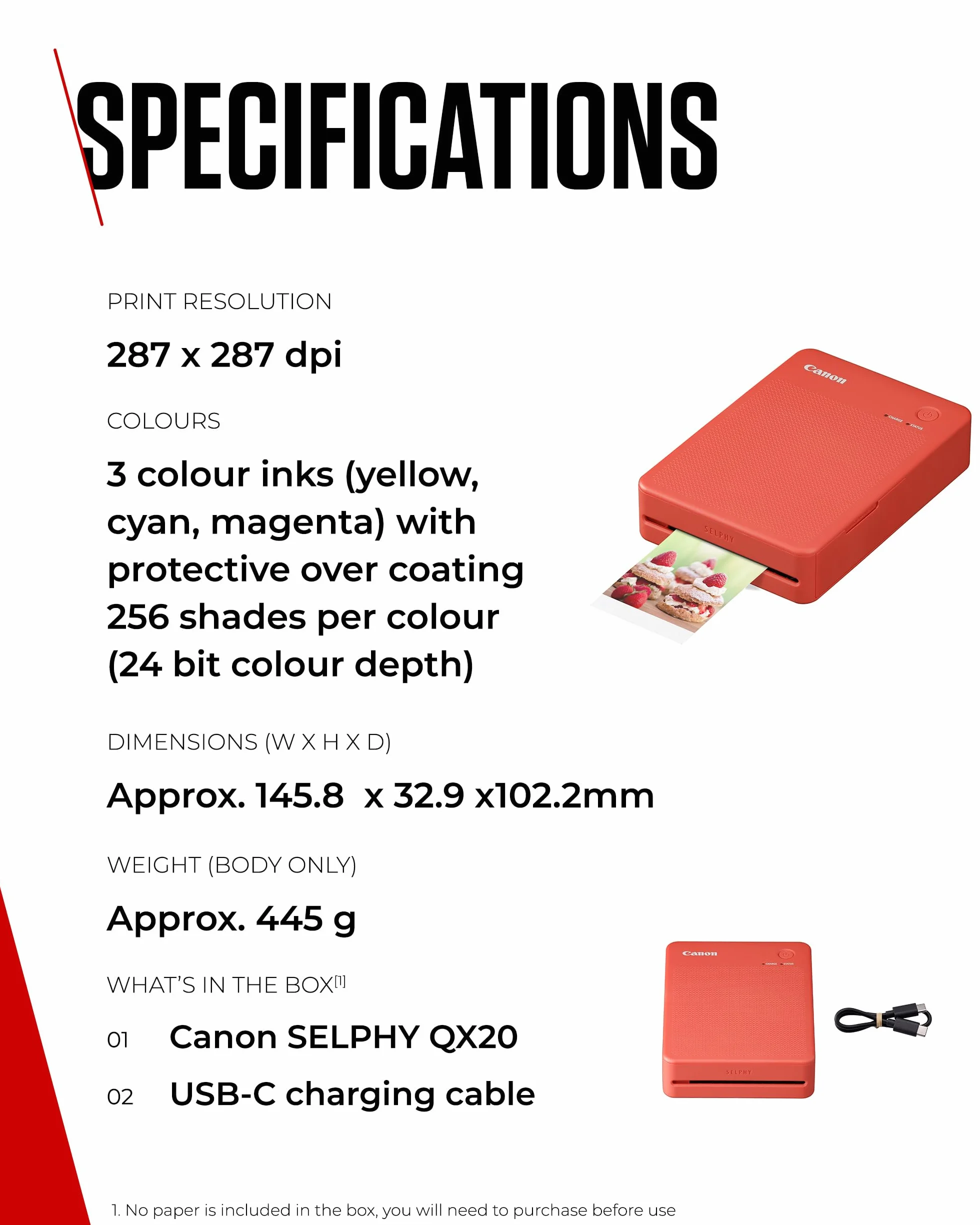 Canon SELPHY QX20: Impresora portátil de Fotos por Wi-Fi, sublimación de Tinta, 2 tamaños con Dorso Autoadhesivo, Carga USB-C. Rojo (Sin Tinta/Papel).