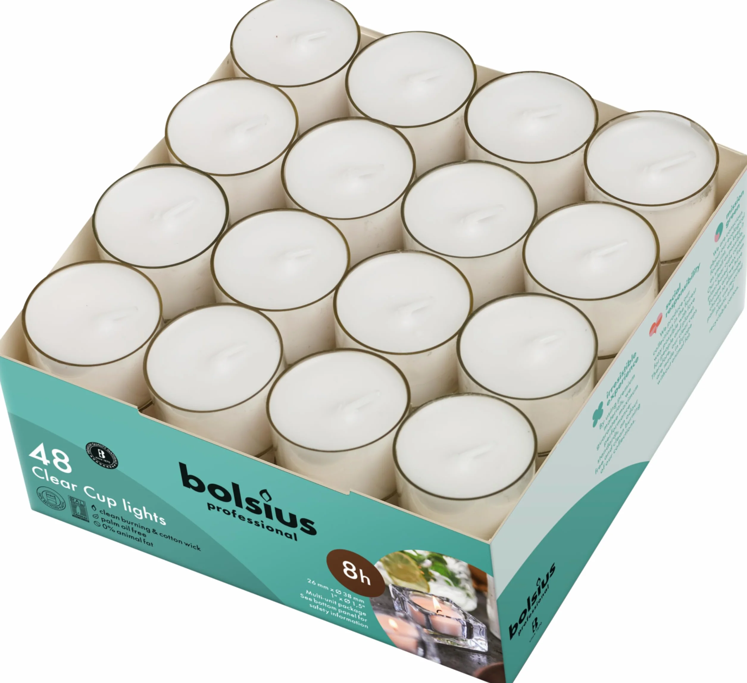 Bolsius Juego 48 velas de té sin perfume, vasos transparentes, combustión 8 horas