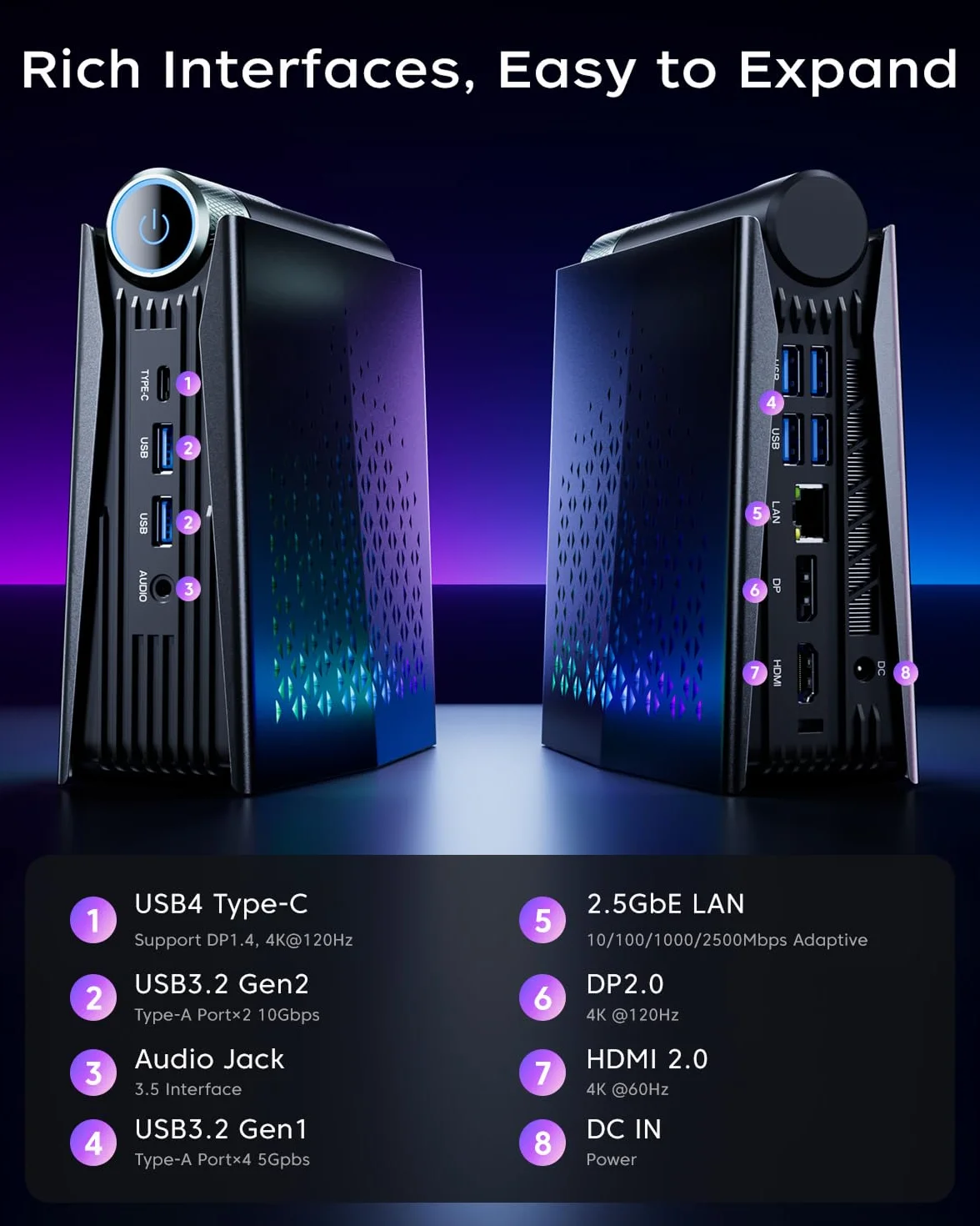 ACEMAGICIAN AMD Ryzen 7 8745HS (hasta 4,9 GHz) Mini PC, 16 GB DDR5 512GB SSD, AMD Radeon 780M Mini Ordenador, Luces RGB, 3 Modos (Auto/Eco Silencio/Rendimiento)