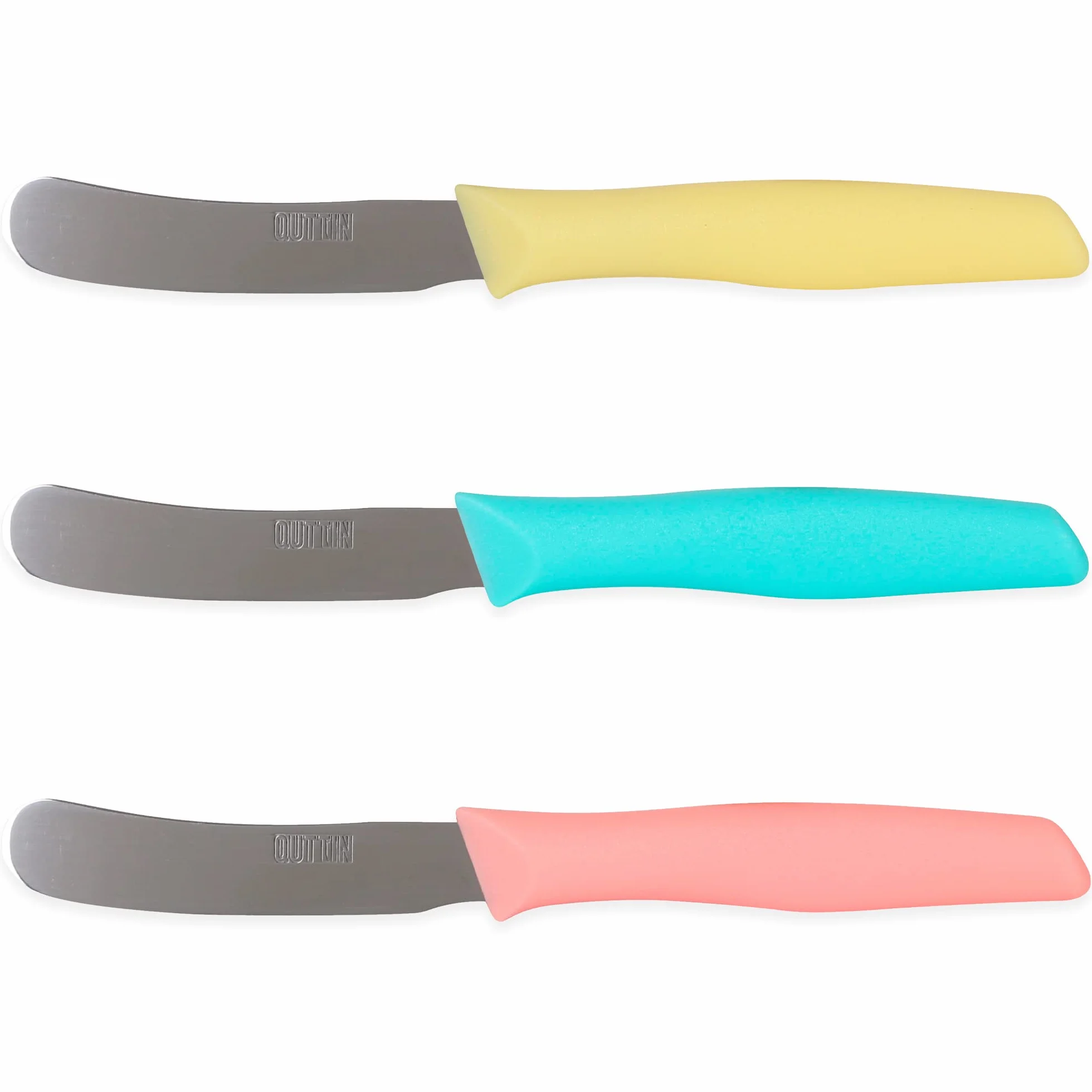 Quttin Cuchillo Untar Mantequilla Set de 3 Piezas. Ligero y Manejable con Hoja Afilada, Higiénico y Resistente. Mango Polipropileno en 3 Colores. Modelo Samba