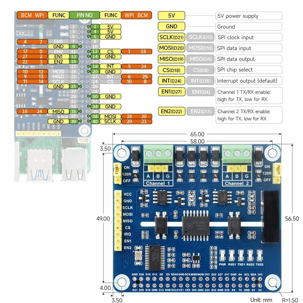 Waveshare 2-Channel Isolated RS485 Expansion Hat for Raspberry Pi SC16IS752+SP3485 Solution with Multi Onboard Protection Circuits