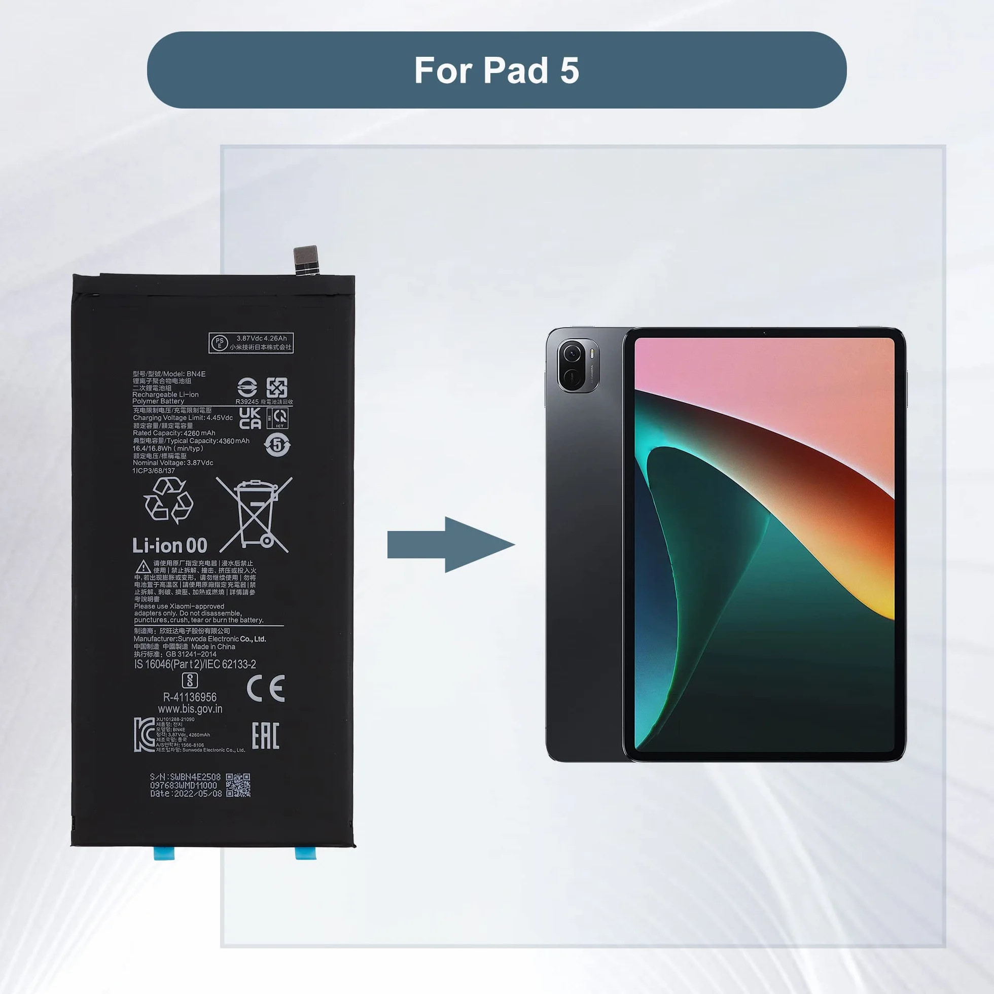 Batería de Recambio BN4E Compatible con Xiaomi Pad 5 con Herramientas