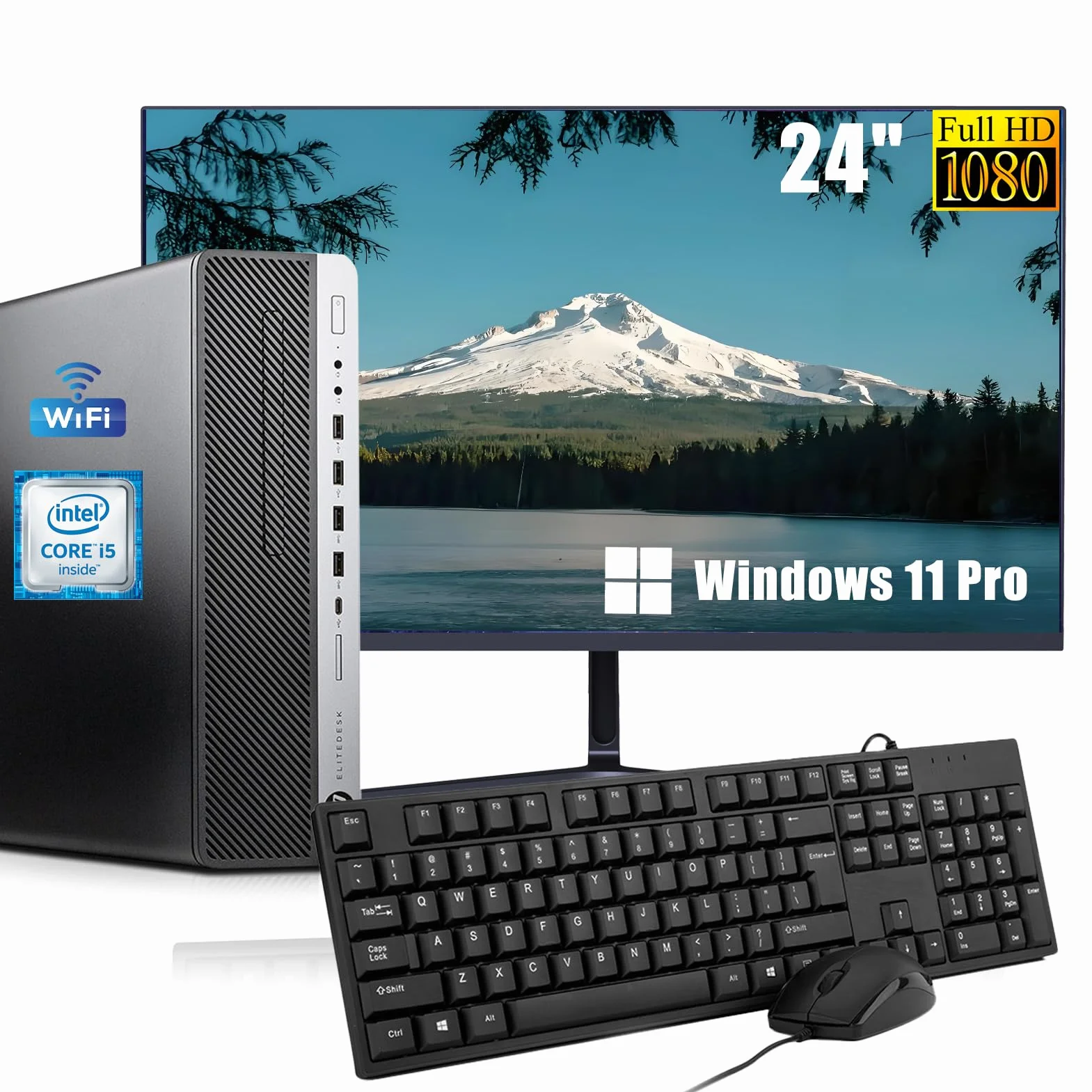 HP EliteDesk 800 G3 SFF - Ordenador de sobremesa con monitor de 24 pulgadas, Intel Core i5-6600, 16 GB de RAM, 256 GB SSD, WiFi, Bluetooth, teclado QWERTY de EE.UU., Windows 11 Pro (reacondicionado)