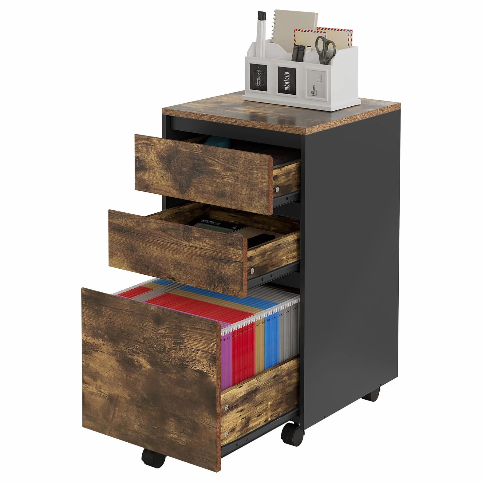 WOLTU Archivador Móvil 3 Cajones Cajonera 5 Ruedas Roble Marrón Negro 40x40x71.5 cm