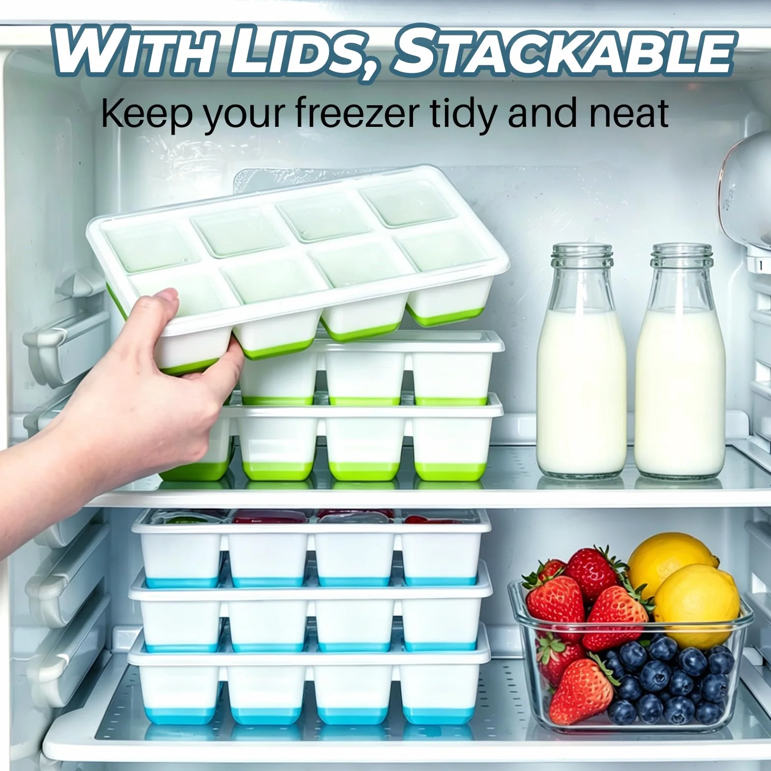 JRISBO Cubiteras para Hielo Grande 2 Piezas, Silicona con Tapa sin BPA Apilables Moldes de Hielo para Cóctel Whisky (Azul + Verde)