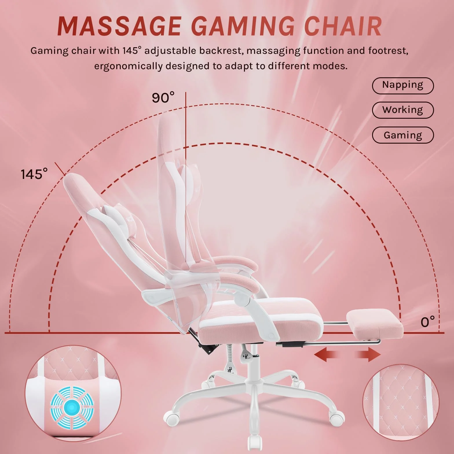 WOLTU Silla de Gaming Ergonómica, Soporte Lumbar Masaje, Reposapiés Extraíble, 150 kg, Malla, Rosa+Blanco